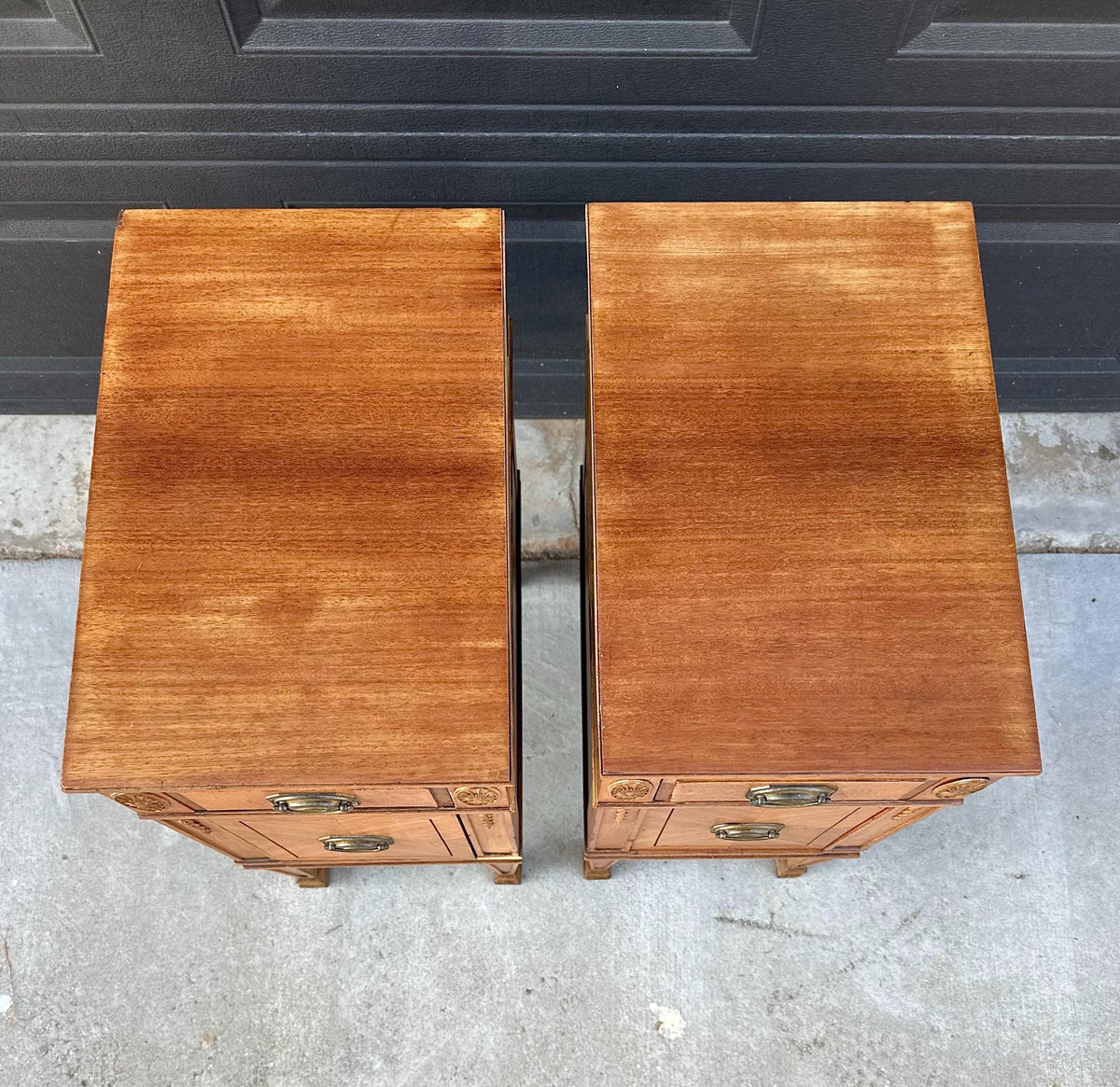 Antique Early 20th C Burl Maple & Mahogany Neoclassical Nightstands 12.5" Wide - a Pair
