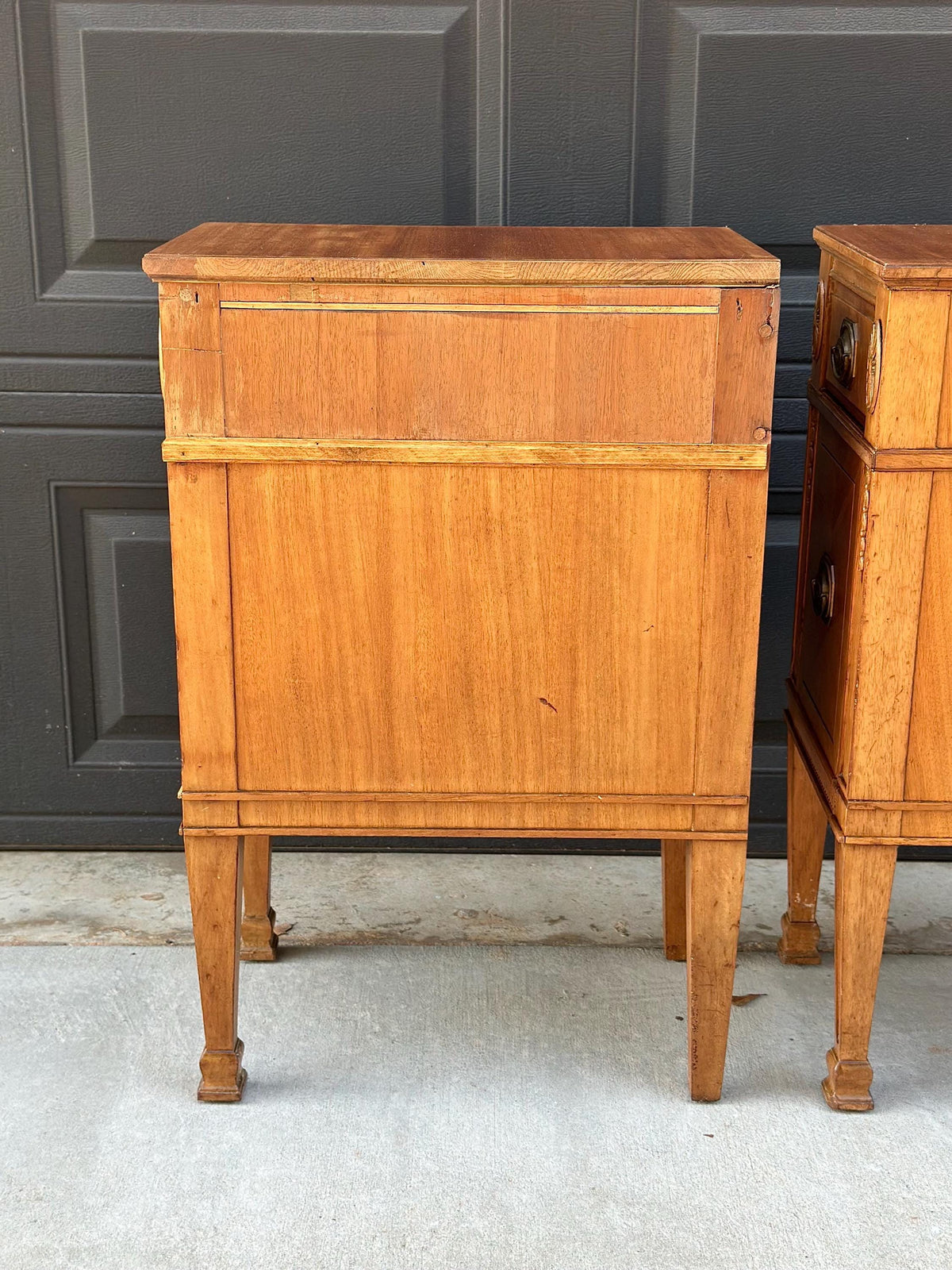 Antique Early 20th C Burl Maple & Mahogany Neoclassical Nightstands 12.5" Wide - a Pair