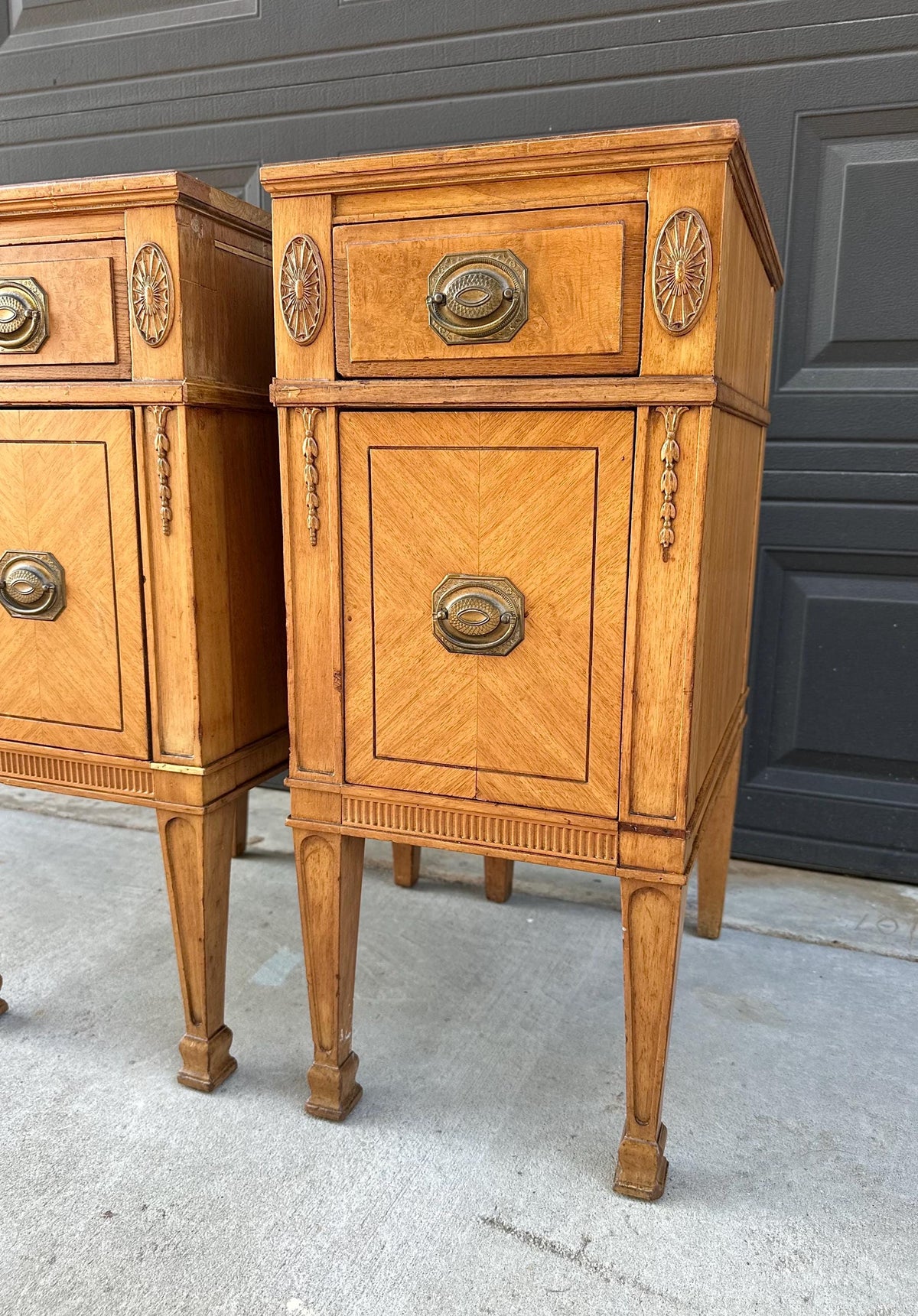 Antique Early 20th C Burl Maple & Mahogany Neoclassical Nightstands 12.5" Wide - a Pair