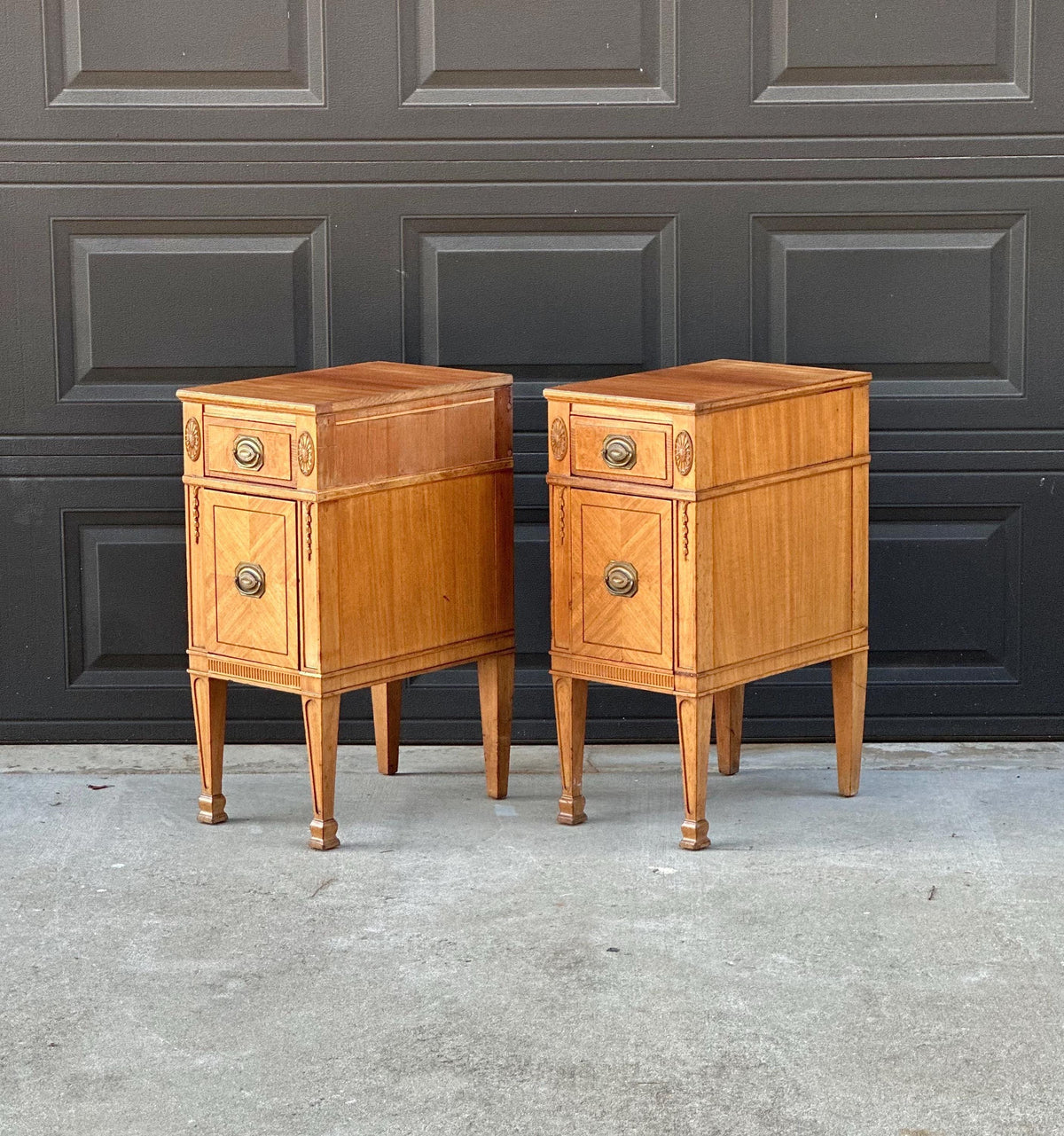Antique Early 20th C Burl Maple & Mahogany Neoclassical Nightstands 12.5" Wide - a Pair