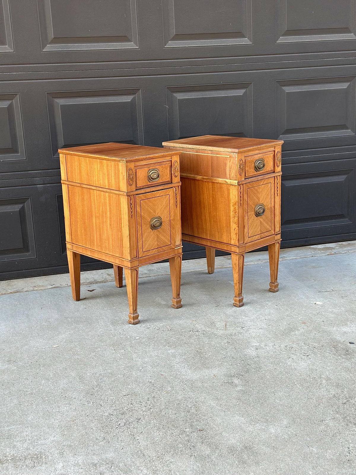 Antique Early 20th C Burl Maple & Mahogany Neoclassical Nightstands 12.5" Wide - a Pair