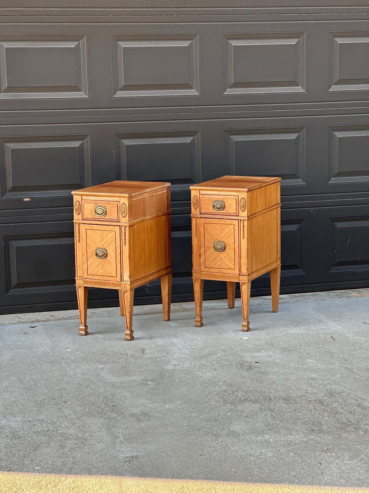Antique Early 20th C Burl Maple & Mahogany Neoclassical Nightstands 12.5" Wide - a Pair