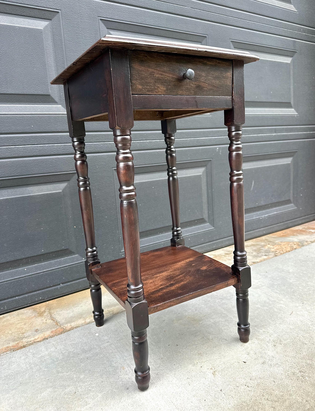 Antique Early 20th C Dark Wood Turned Leg Side Table with Drawer 14.75" Wide