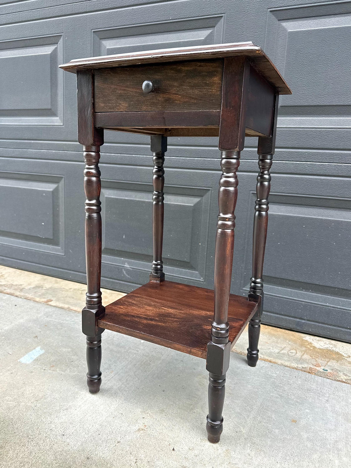 Antique Early 20th C Dark Wood Turned Leg Side Table with Drawer 14.75" Wide
