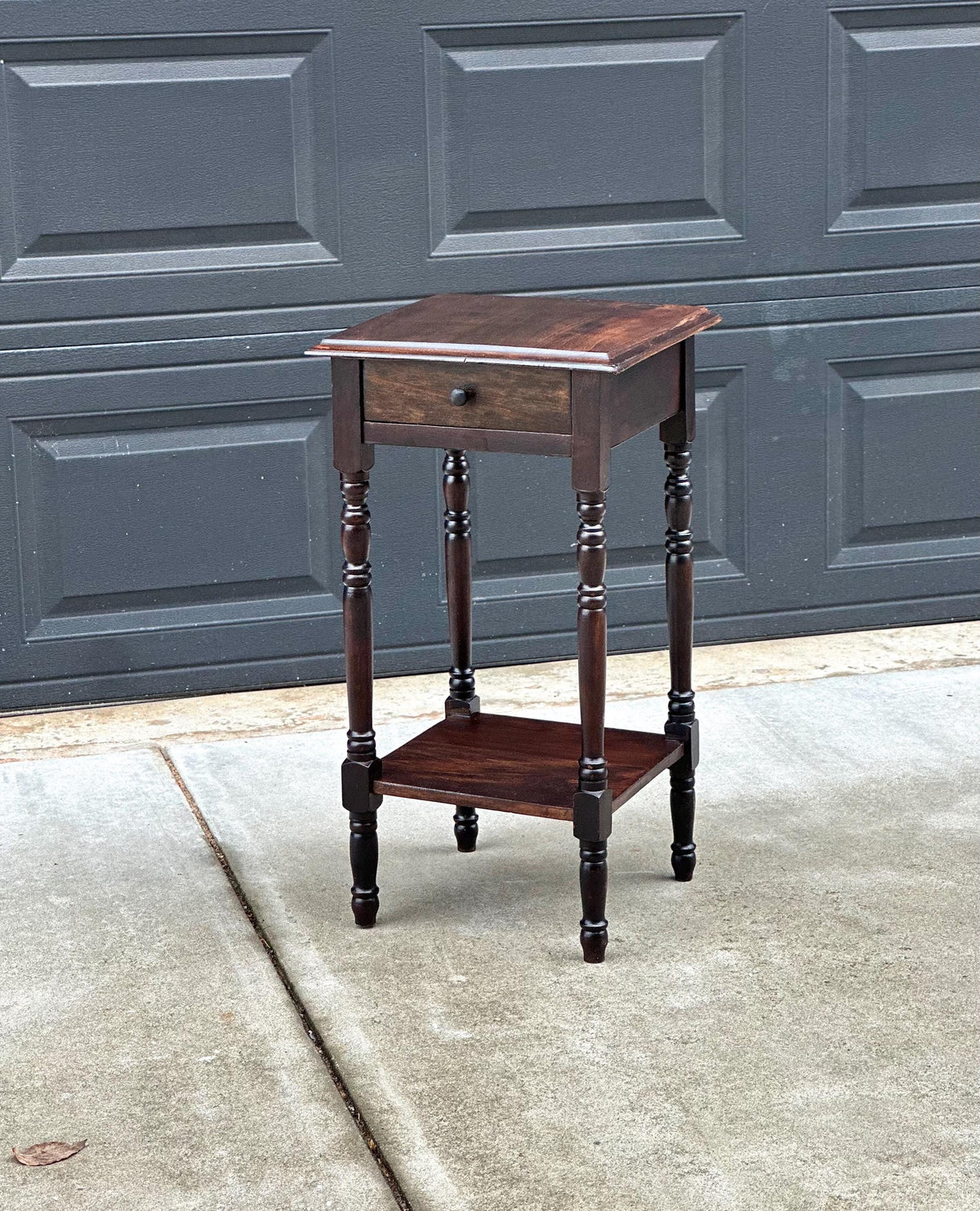 Antique Early 20th C Dark Wood Turned Leg Side Table with Drawer 14.75" Wide
