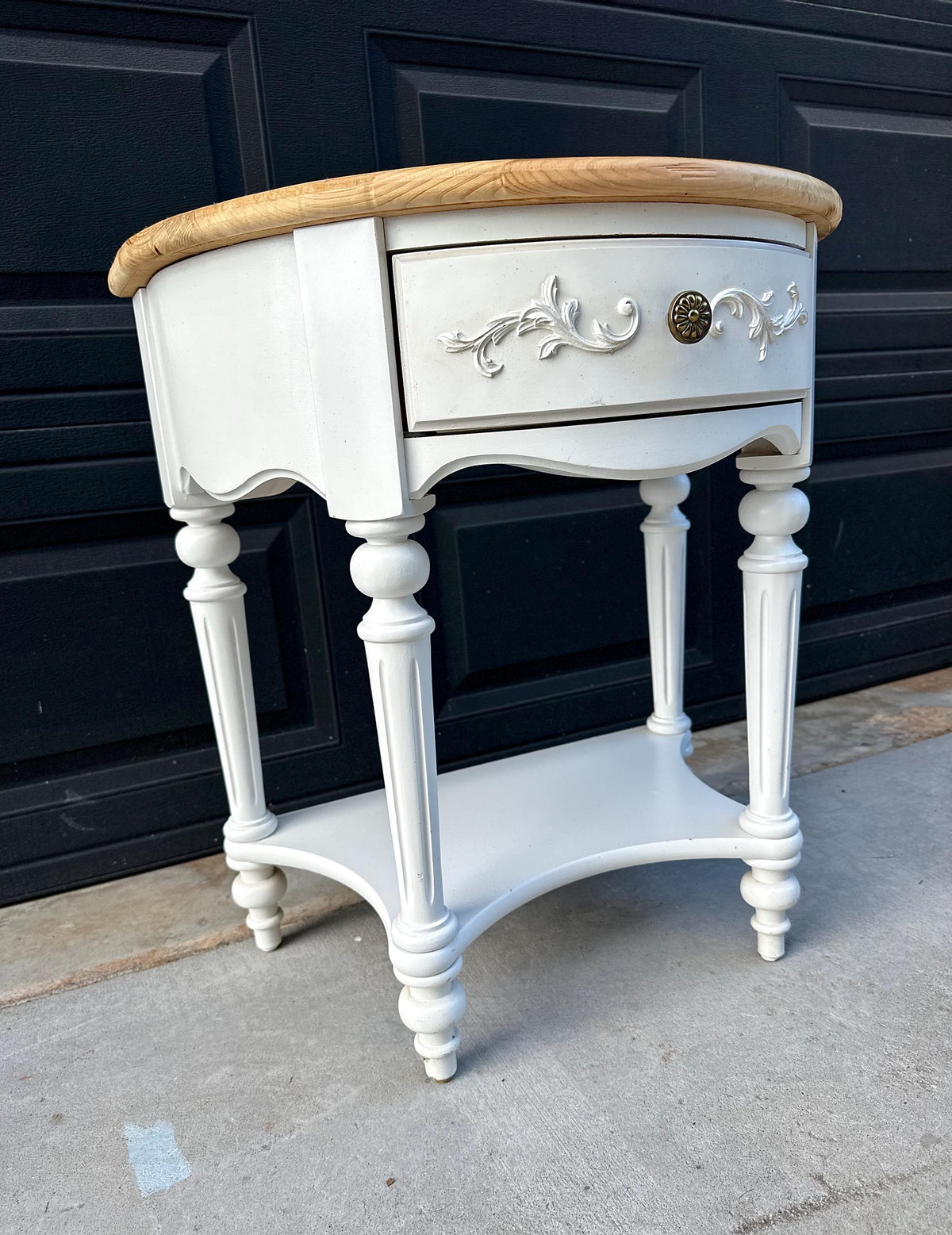 Vintage Oak Tabletop White Base Demilune Single Drawer Two Tier Accent Table 24" Wide