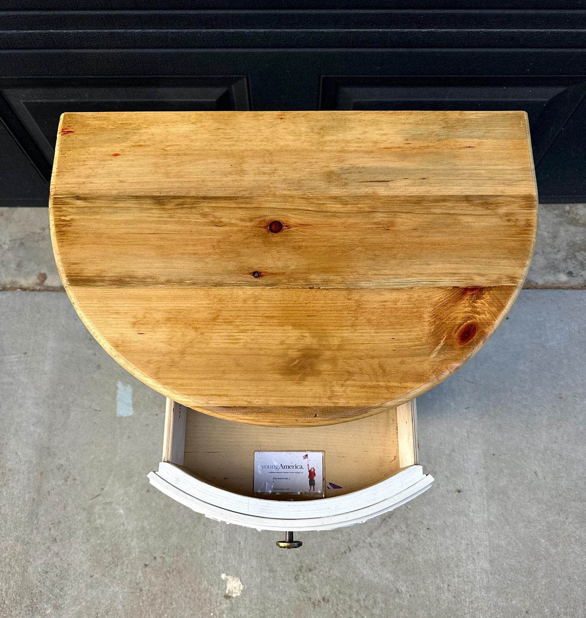 Vintage Oak Tabletop White Base Demilune Single Drawer Two Tier Accent Table 24" Wide