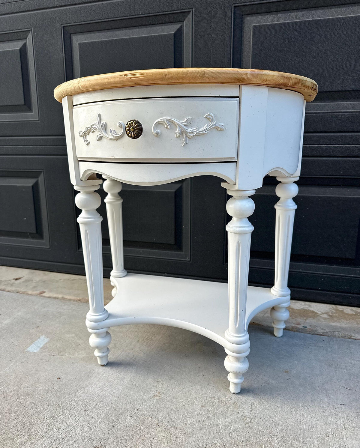 Vintage Oak Tabletop White Base Demilune Single Drawer Two Tier Accent Table 24" Wide
