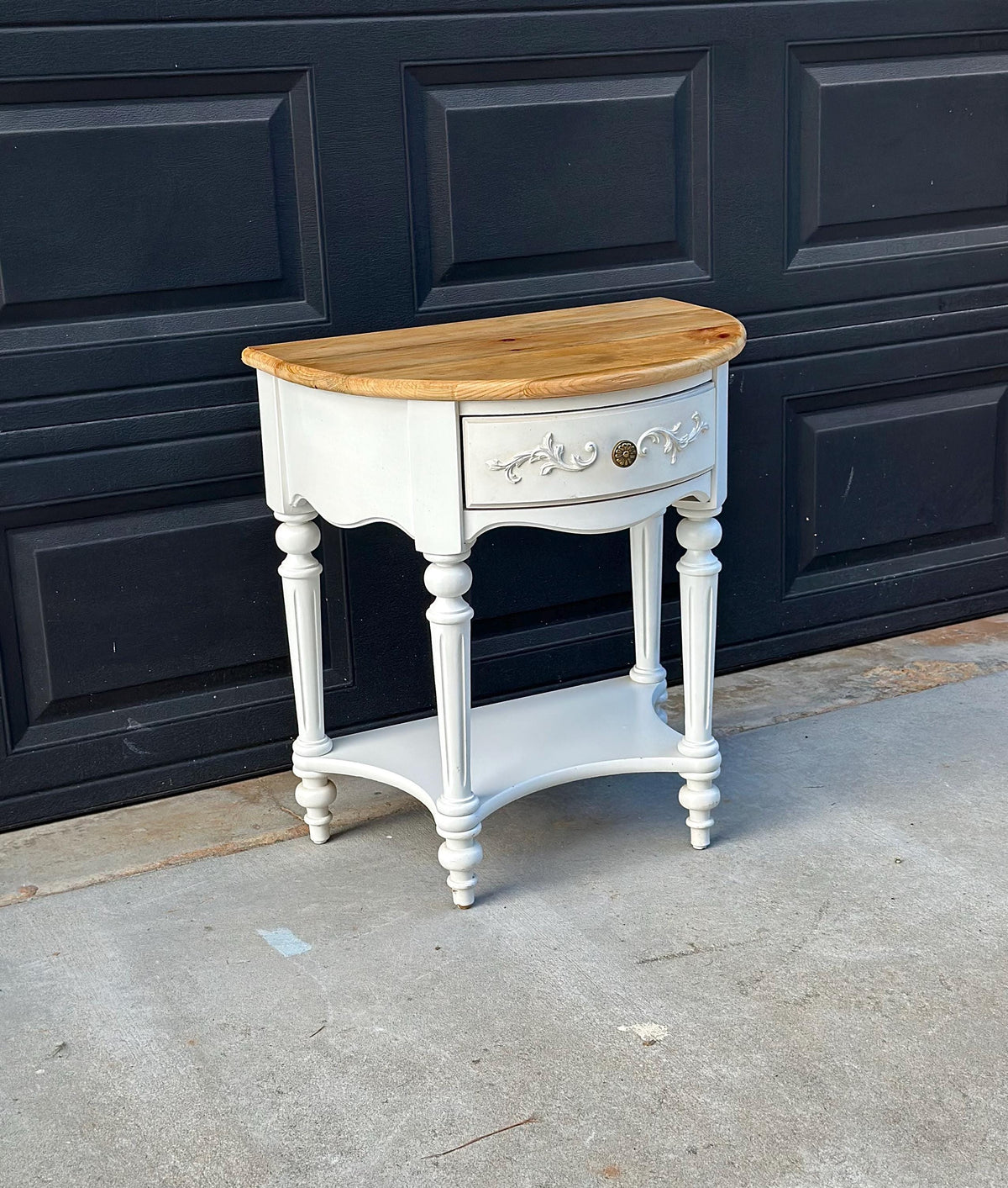 Vintage Oak Tabletop White Base Demilune Single Drawer Two Tier Accent Table 24" Wide