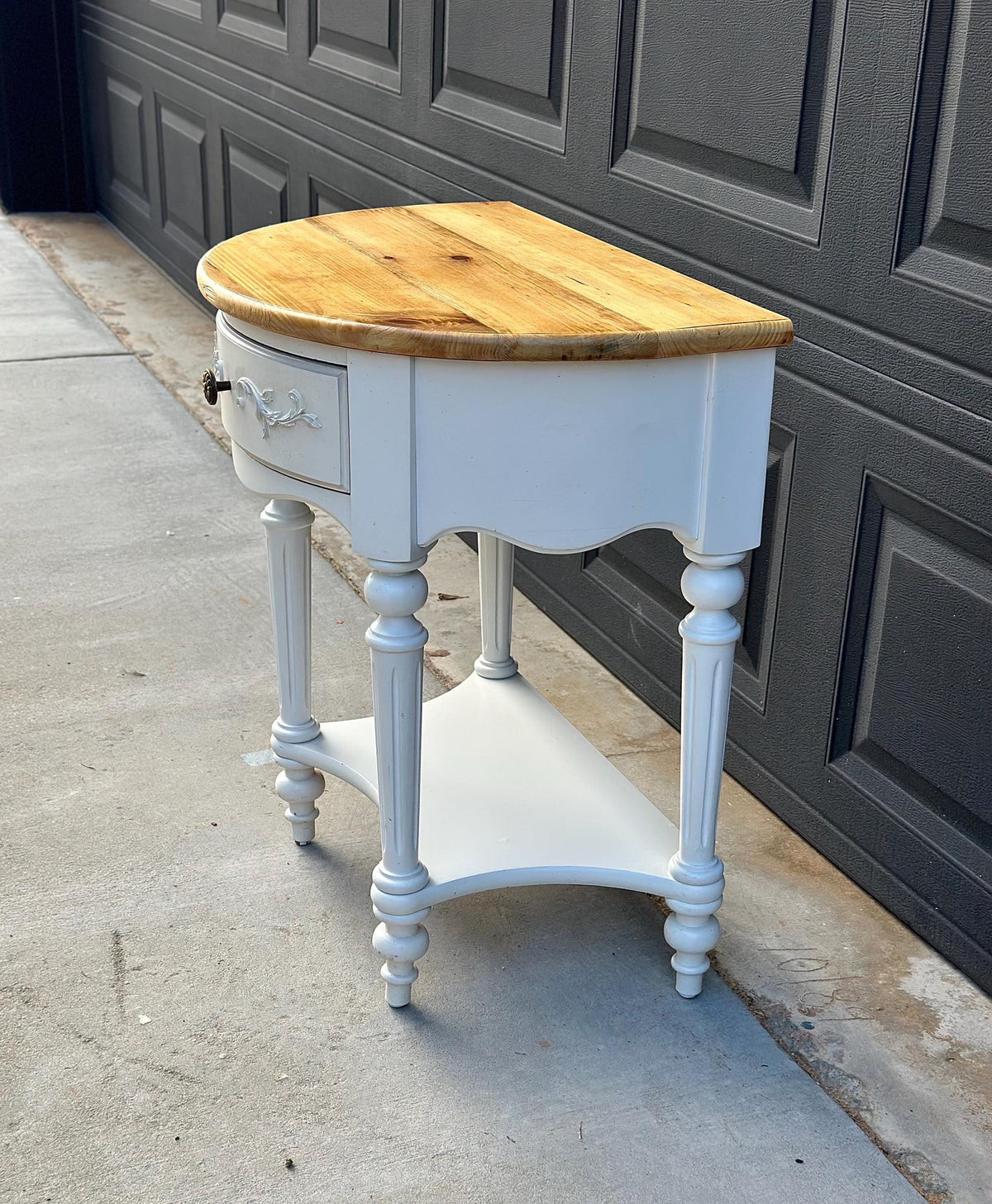 Vintage Oak Tabletop White Base Demilune Single Drawer Two Tier Accent Table 24" Wide