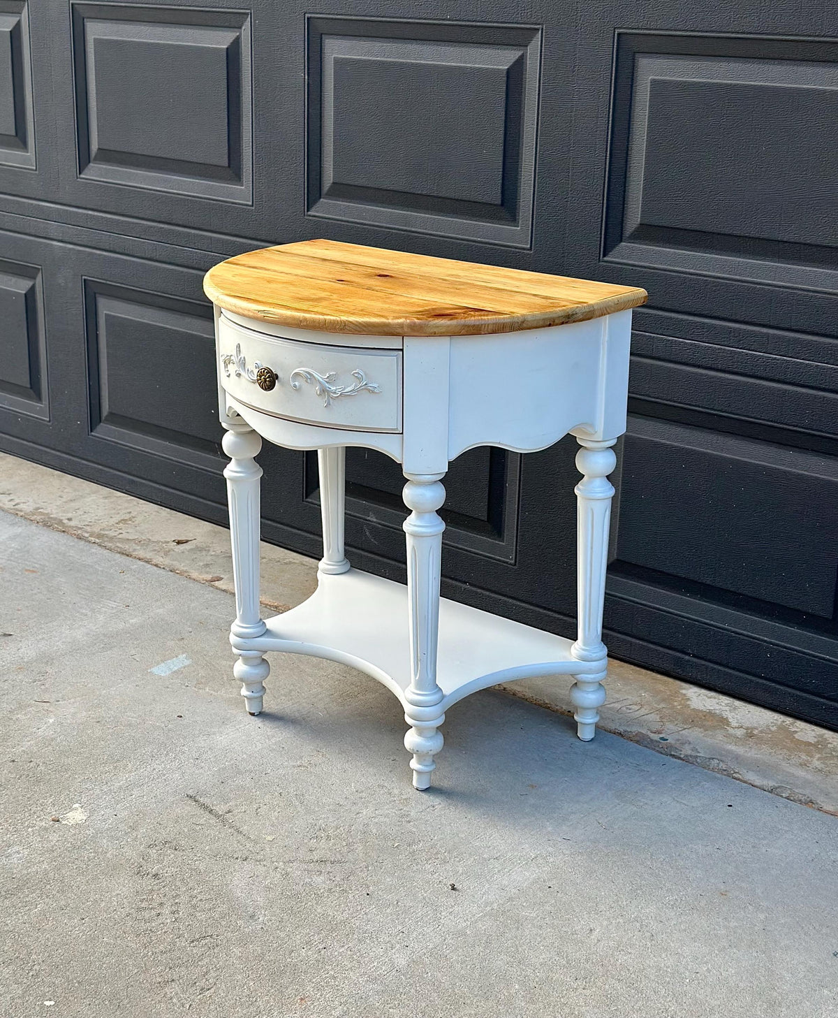 Vintage Oak Tabletop White Base Demilune Single Drawer Two Tier Accent Table 24" Wide