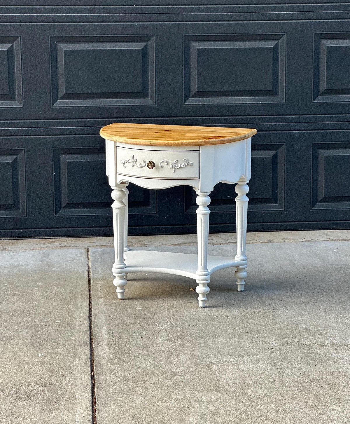 Vintage Oak Tabletop White Base Demilune Single Drawer Two Tier Accent Table 24" Wide