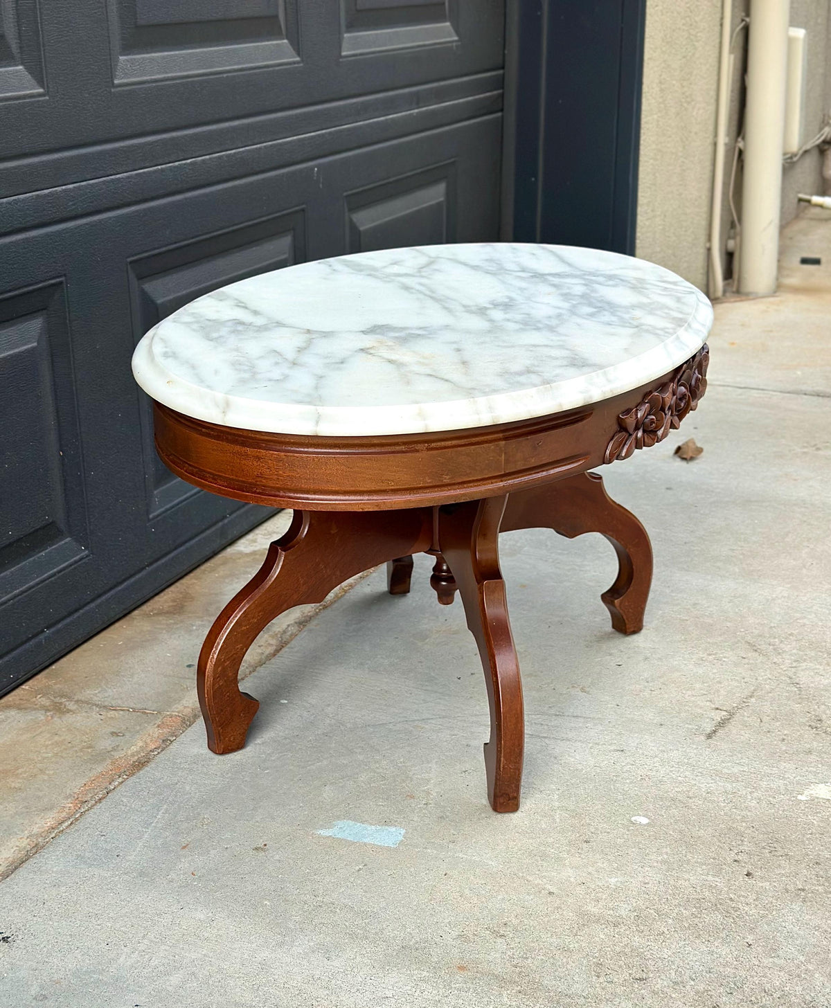 Antique Early 20th C Eastlake Mahogany Coffee Table with White Marble Top 34" Wide