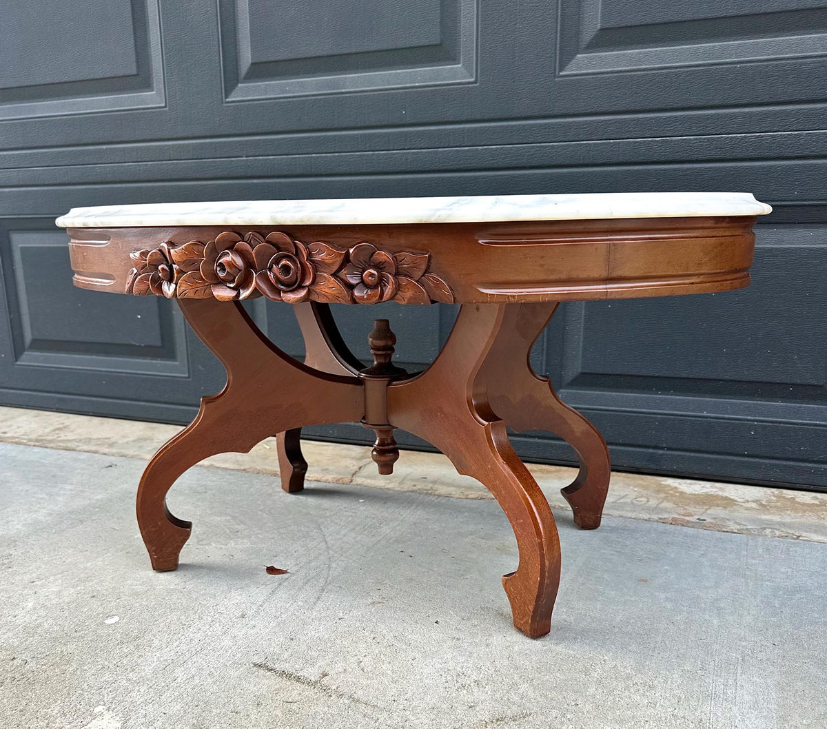 Antique Early 20th C Eastlake Mahogany Coffee Table with White Marble Top 34" Wide