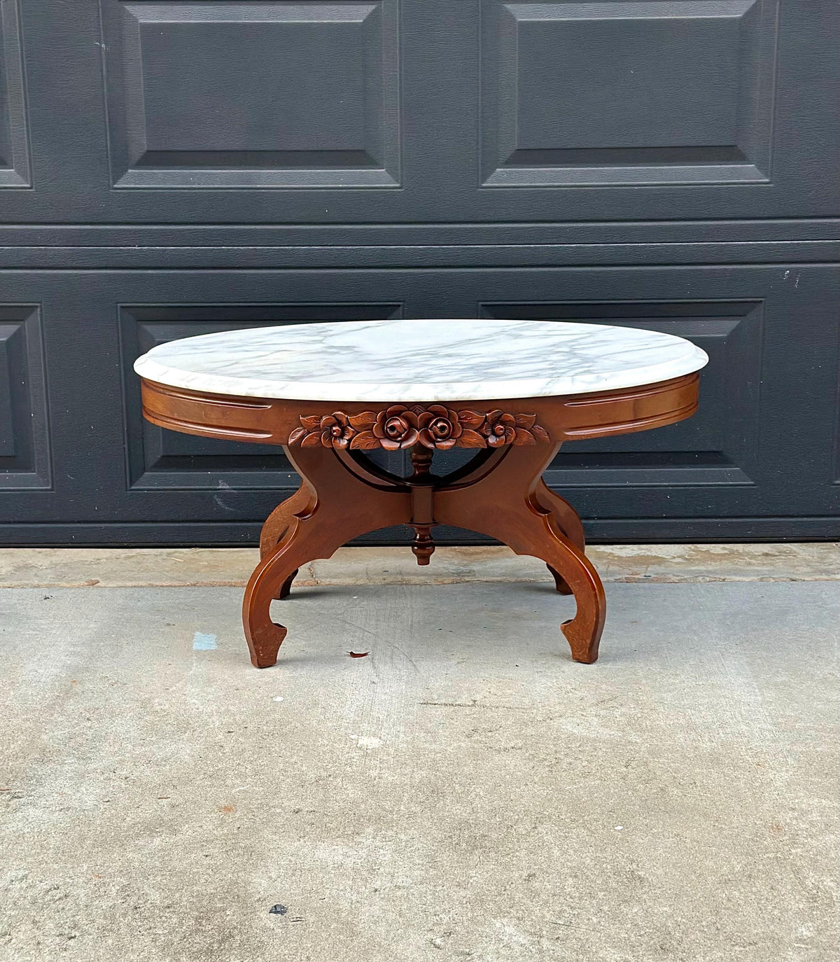 Antique Early 20th C Eastlake Mahogany Coffee Table with White Marble Top 34" Wide