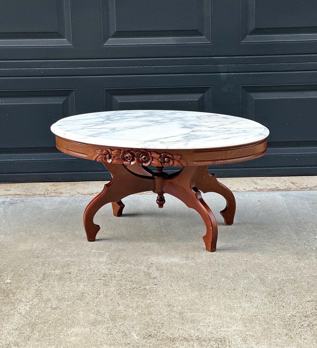 Antique Early 20th C Eastlake Mahogany Coffee Table with White Marble Top 34" Wide