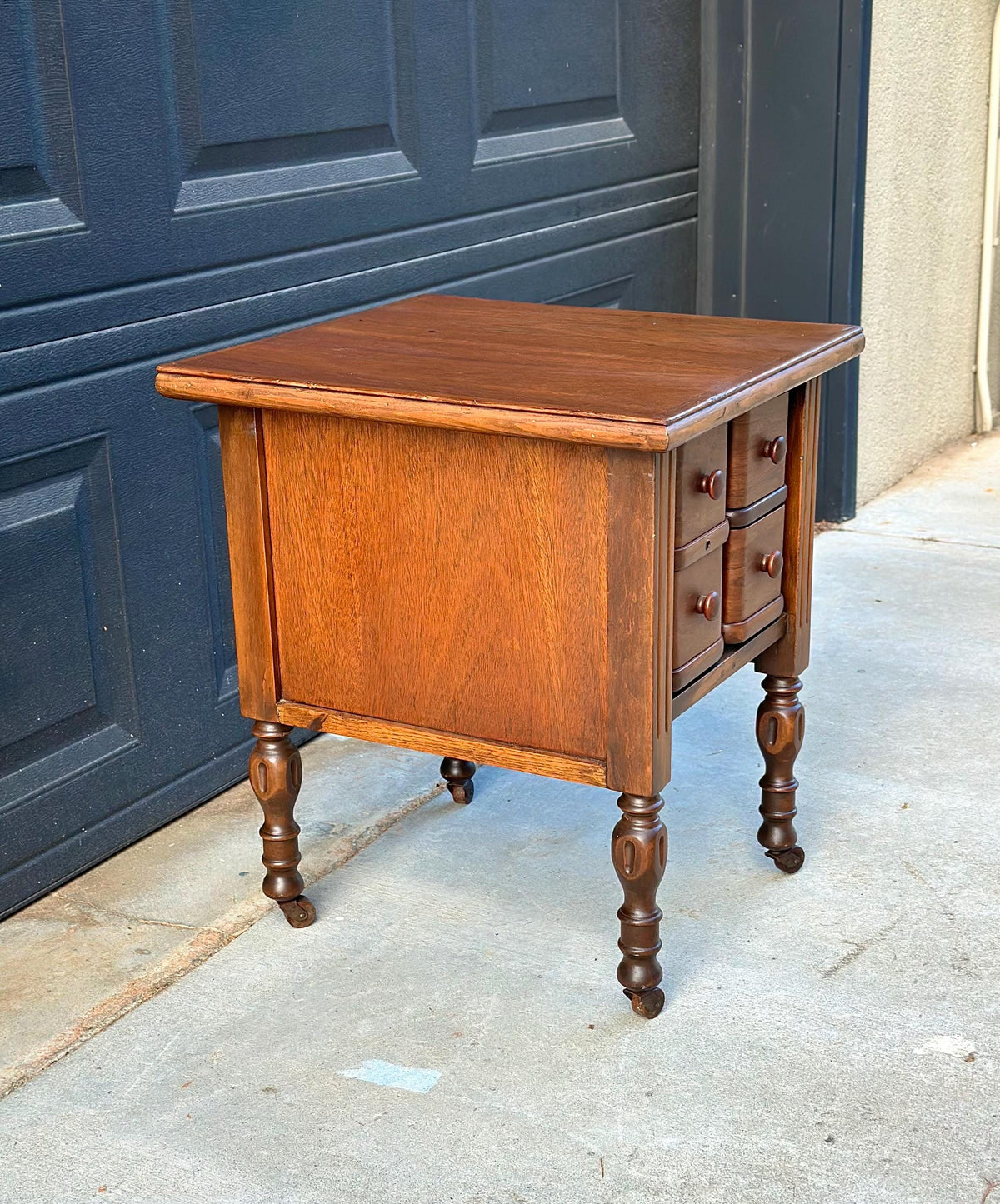 Antique Early 20th C Four Drawer Petite Walnut Wood Chest on Casters 18" Wide