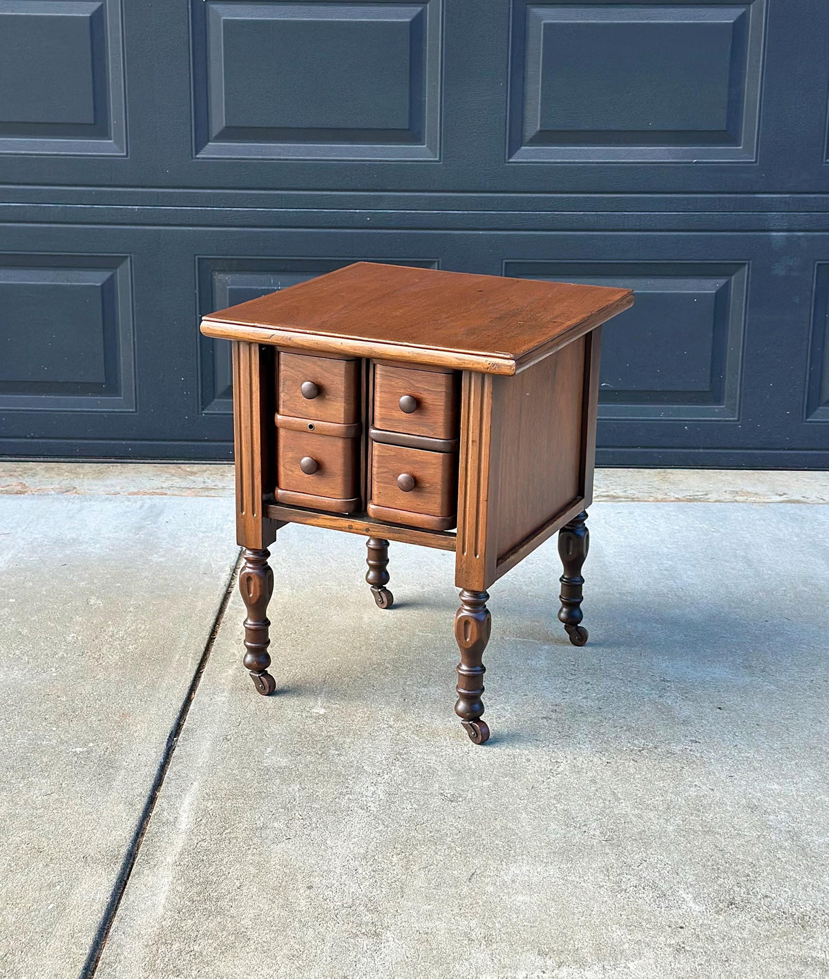 Antique Early 20th C Four Drawer Petite Walnut Wood Chest on Casters 18" Wide