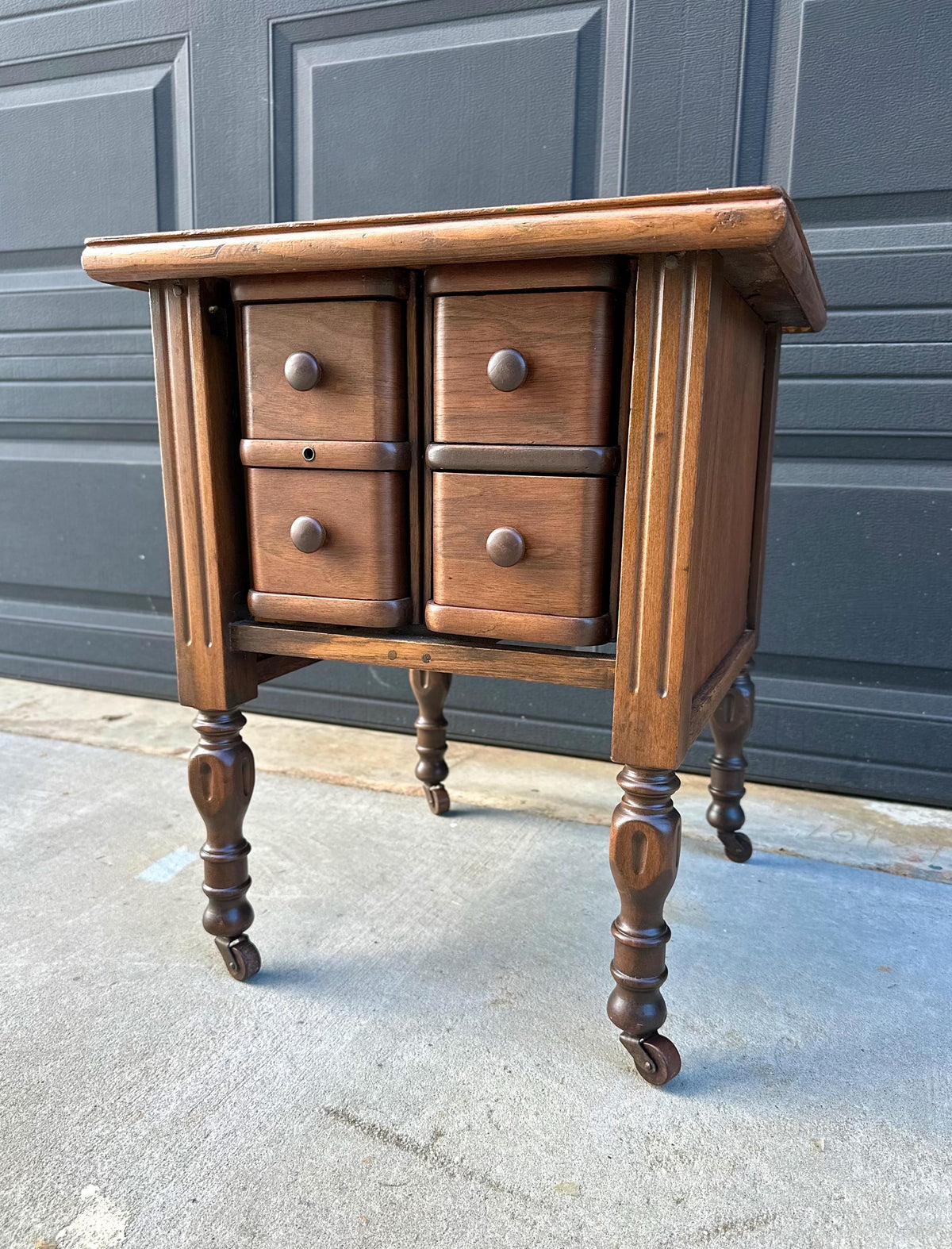 Antique Early 20th C Four Drawer Petite Walnut Wood Chest on Casters 18" Wide
