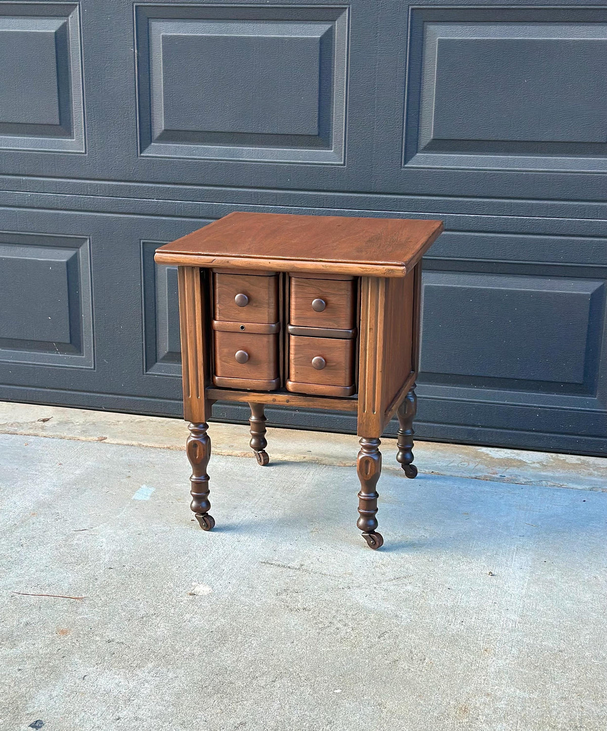 Antique Early 20th C Four Drawer Petite Walnut Wood Chest on Casters 18" Wide