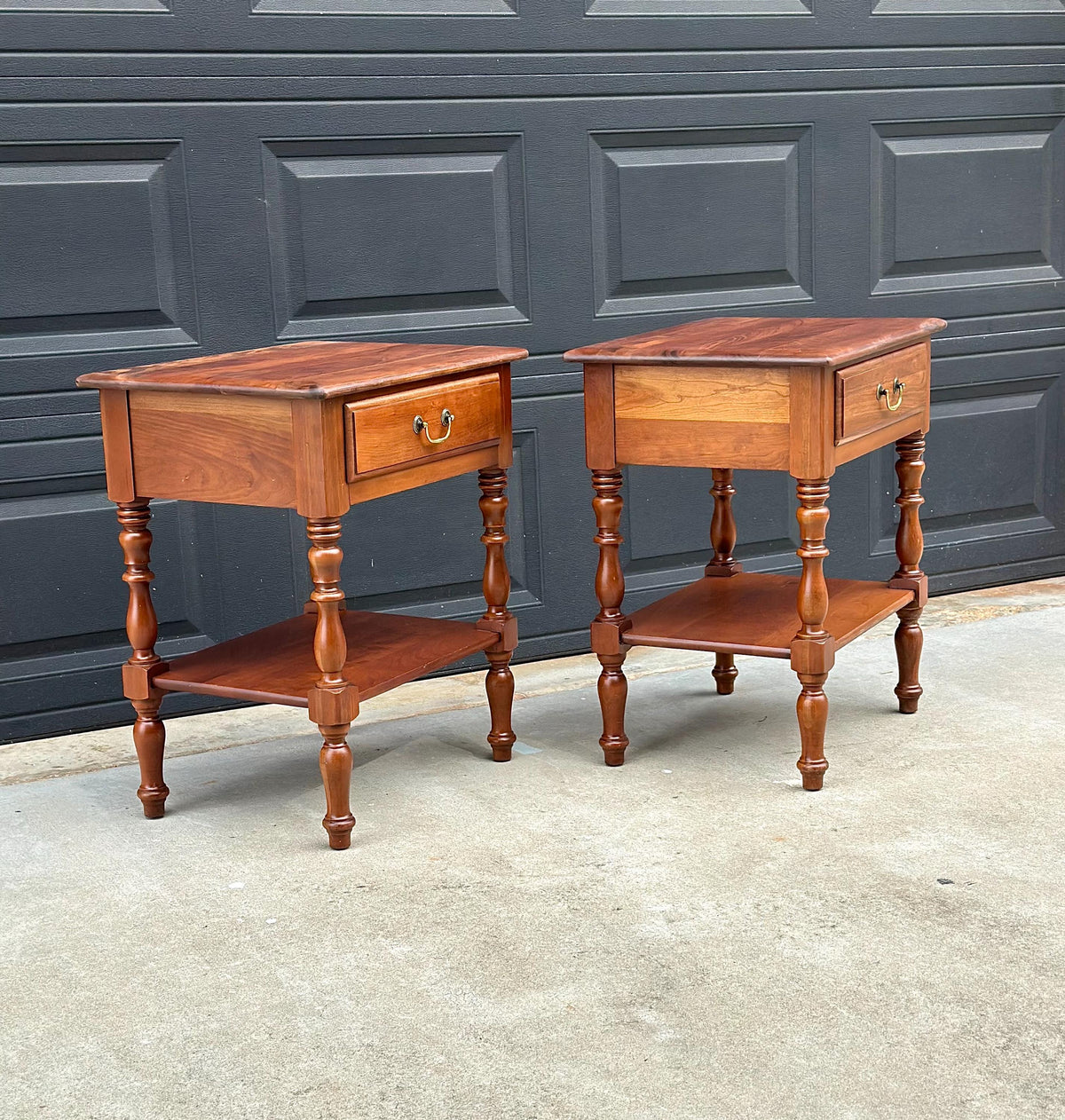 Vintage Mid 20th C Solid Cherry Single Drawer Open Shelf Nightstands 22" Wide - a Pair