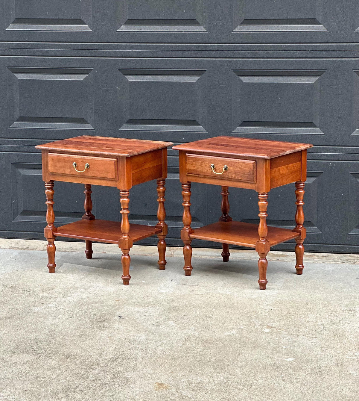 Vintage Mid 20th C Solid Cherry Single Drawer Open Shelf Nightstands 22" Wide - a Pair