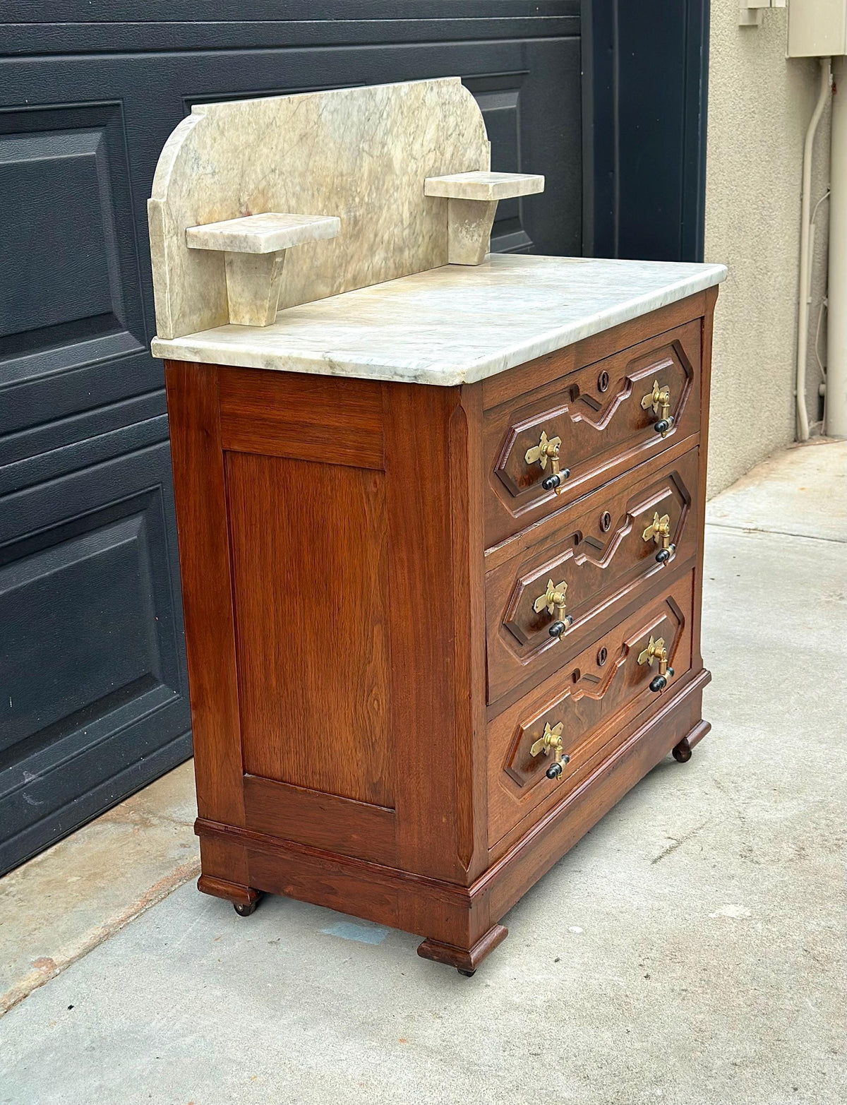 Antique Mid 19th C Bookmatched Burl Walnut Three Drawer Chest with Marble Backsplash & Candle Shelves on Casters 30" Wide