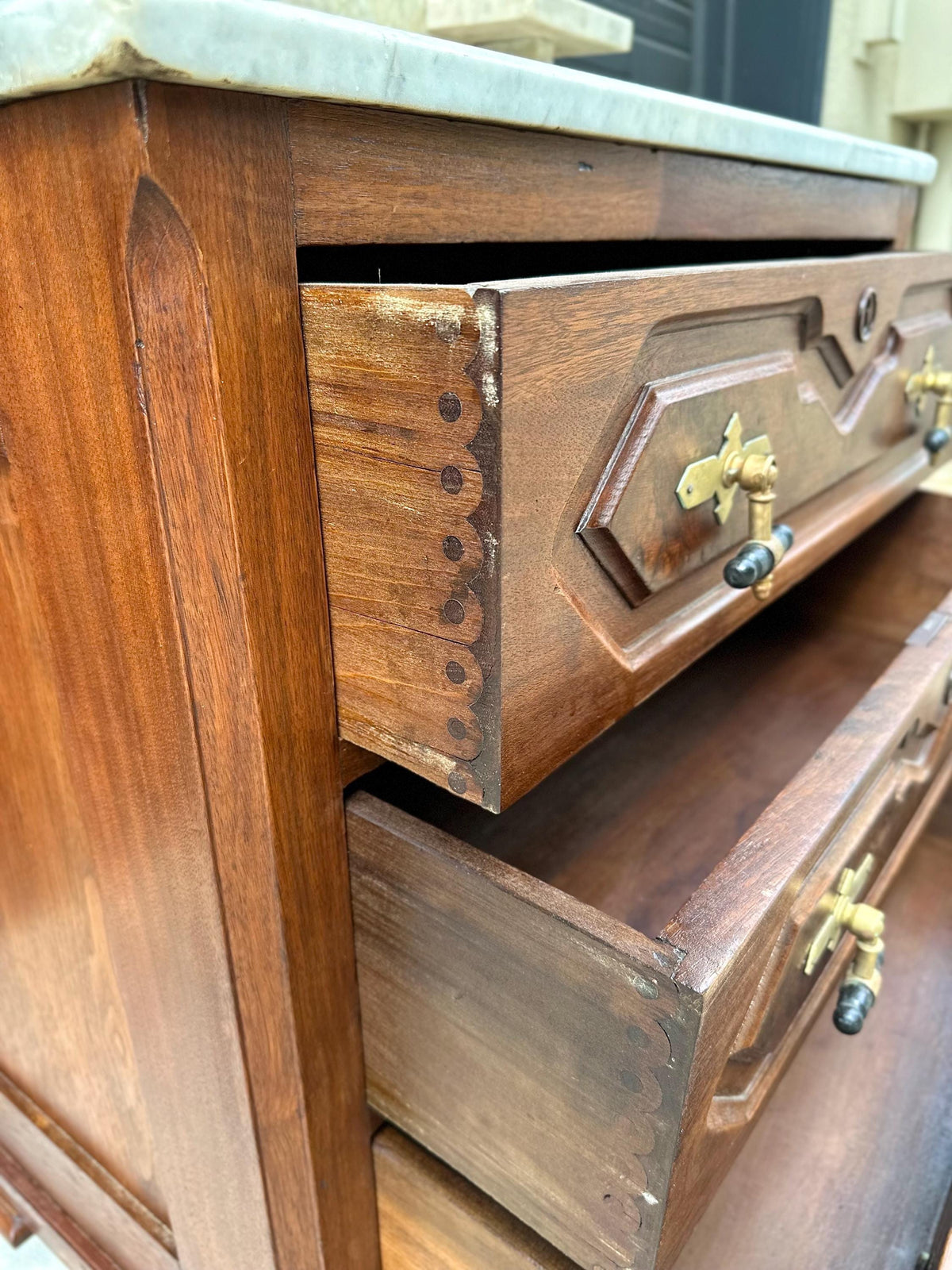 Antique Mid 19th C Bookmatched Burl Walnut Three Drawer Chest with Marble Backsplash & Candle Shelves on Casters 30" Wide