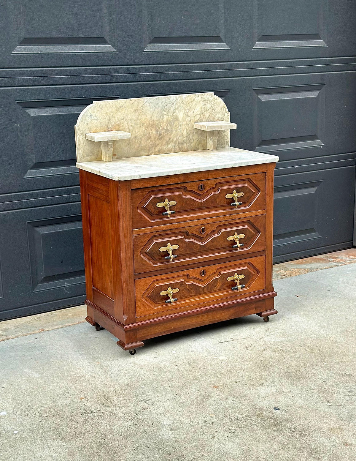 Antique Mid 19th C Bookmatched Burl Walnut Three Drawer Chest with Marble Backsplash & Candle Shelves on Casters 30" Wide