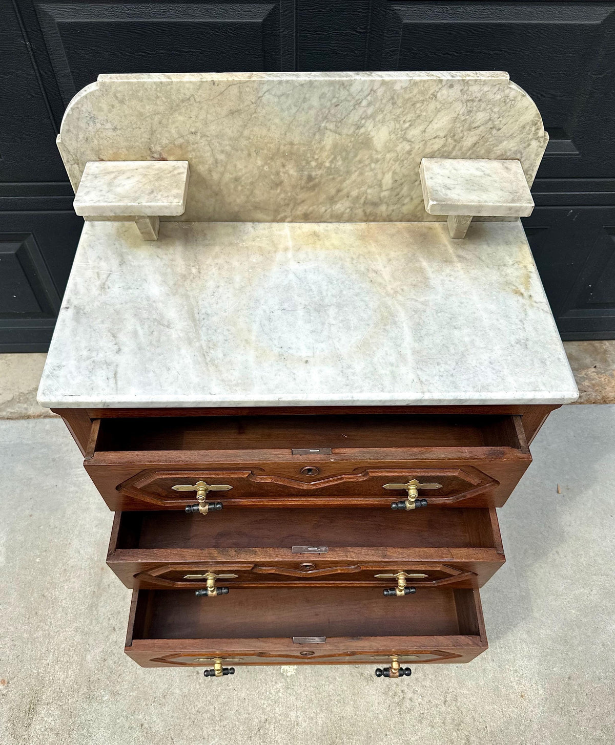 Antique Mid 19th C Bookmatched Burl Walnut Three Drawer Chest with Marble Backsplash & Candle Shelves on Casters 30" Wide