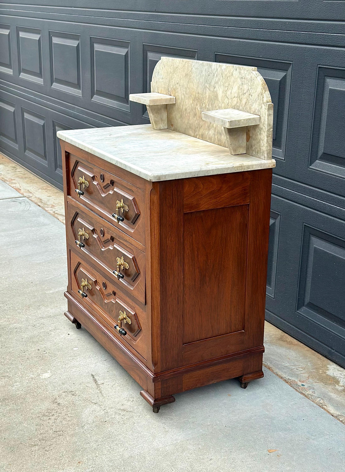 Antique Mid 19th C Bookmatched Burl Walnut Three Drawer Chest with Marble Backsplash & Candle Shelves on Casters 30" Wide