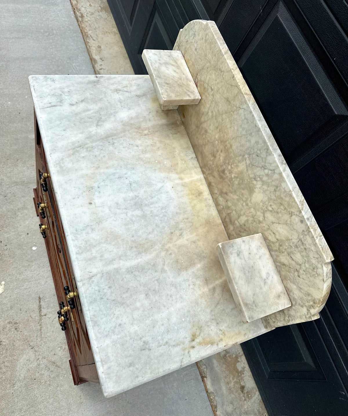 Antique Mid 19th C Bookmatched Burl Walnut Three Drawer Chest with Marble Backsplash & Candle Shelves on Casters 30" Wide