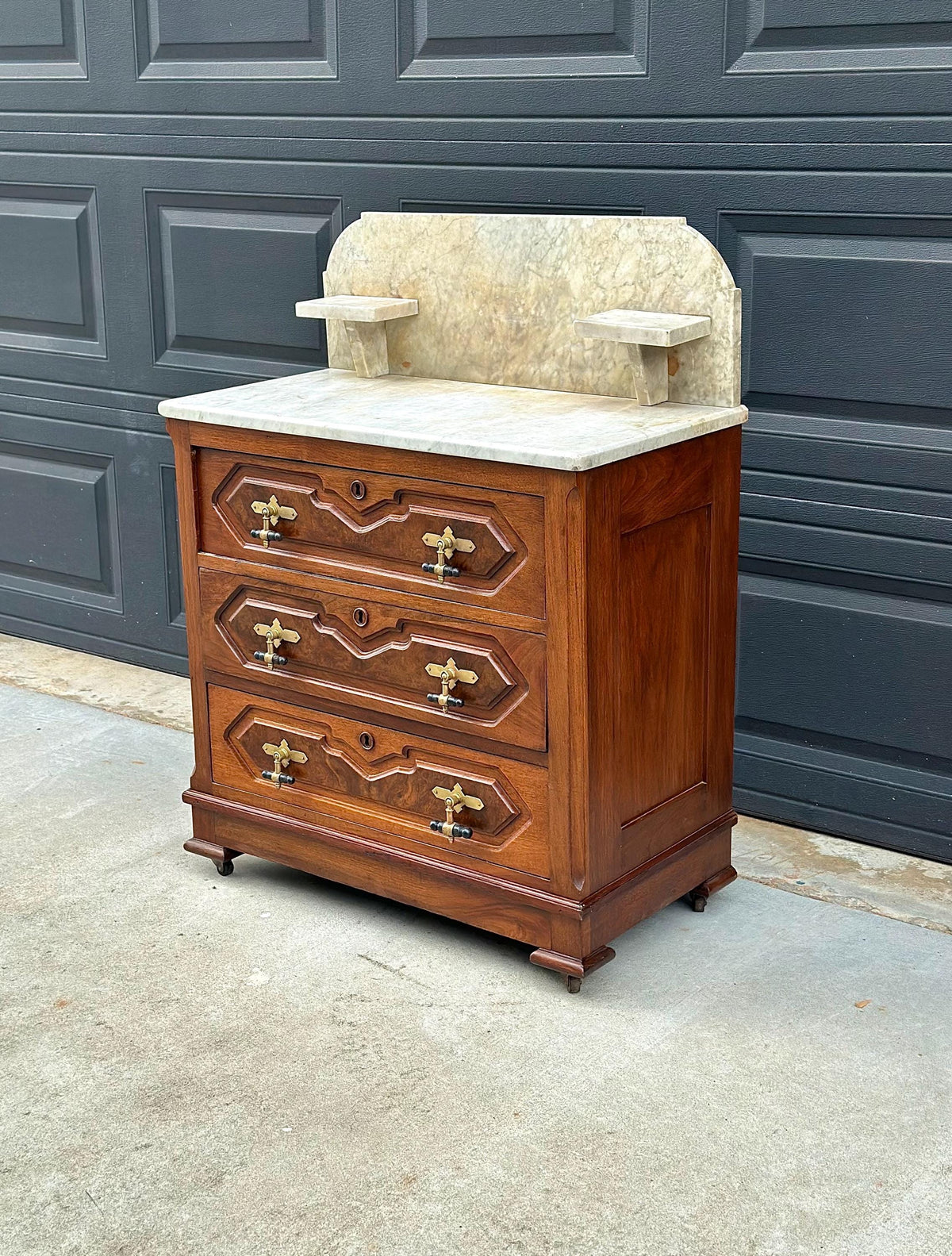 Antique Mid 19th C Bookmatched Burl Walnut Three Drawer Chest with Marble Backsplash & Candle Shelves on Casters 30" Wide