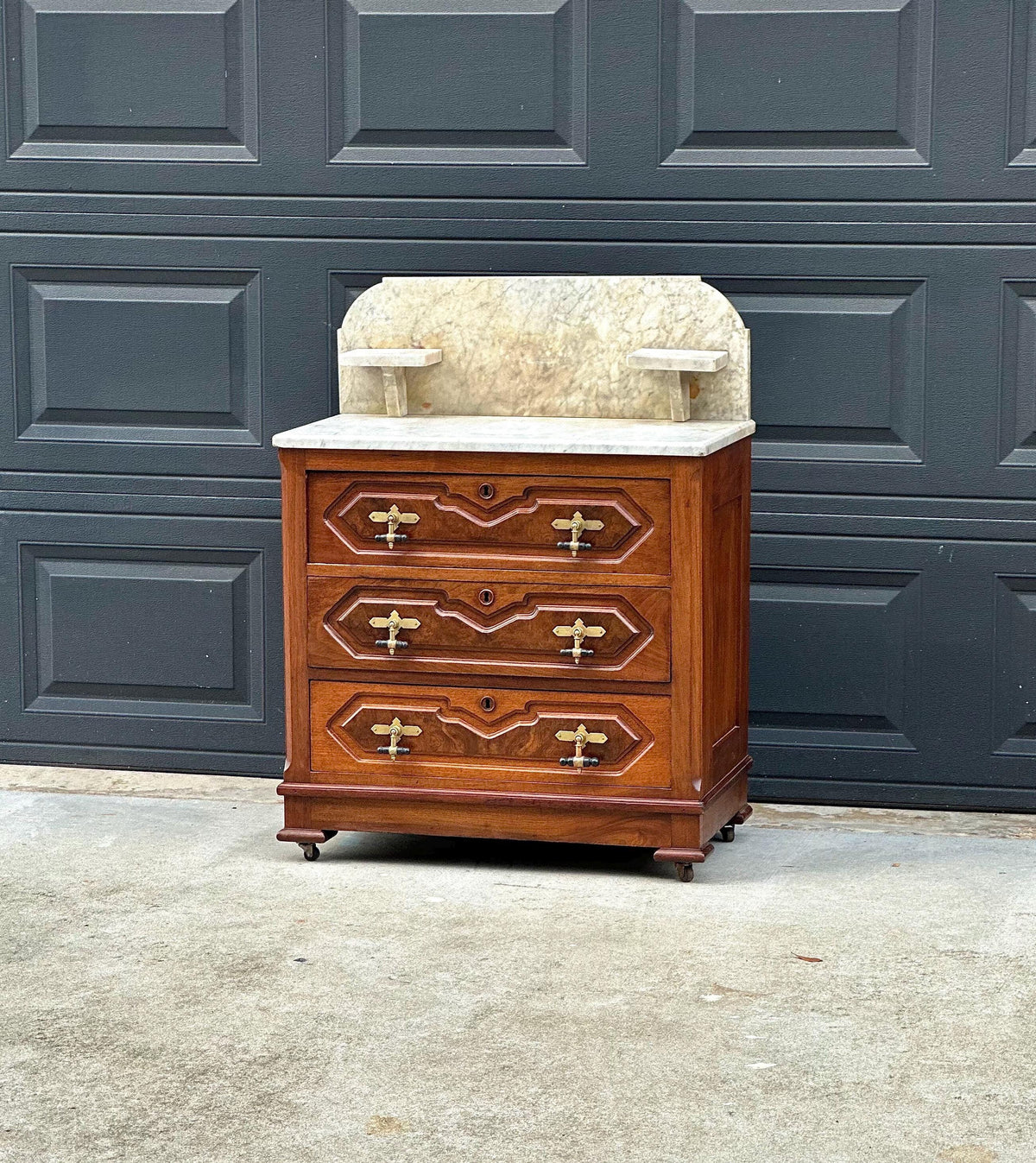 Antique Mid 19th C Bookmatched Burl Walnut Three Drawer Chest with Marble Backsplash & Candle Shelves on Casters 30" Wide