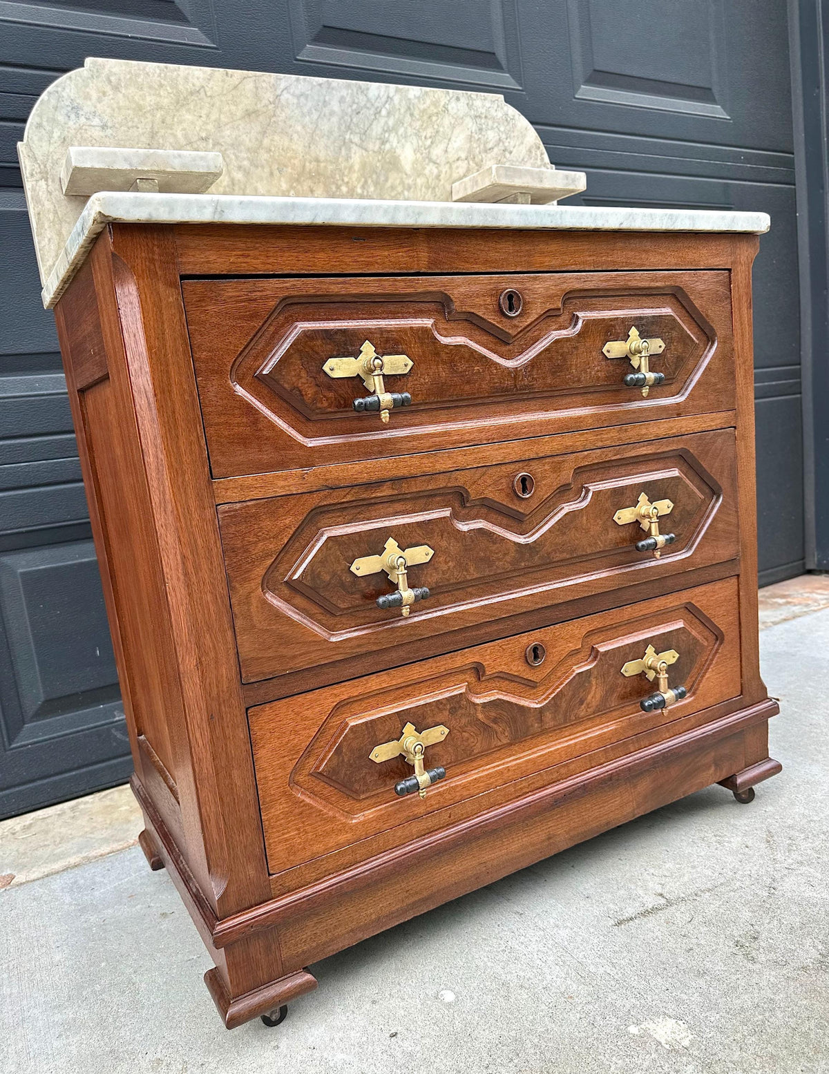Antique Mid 19th C Bookmatched Burl Walnut Three Drawer Chest with Marble Backsplash & Candle Shelves on Casters 30" Wide