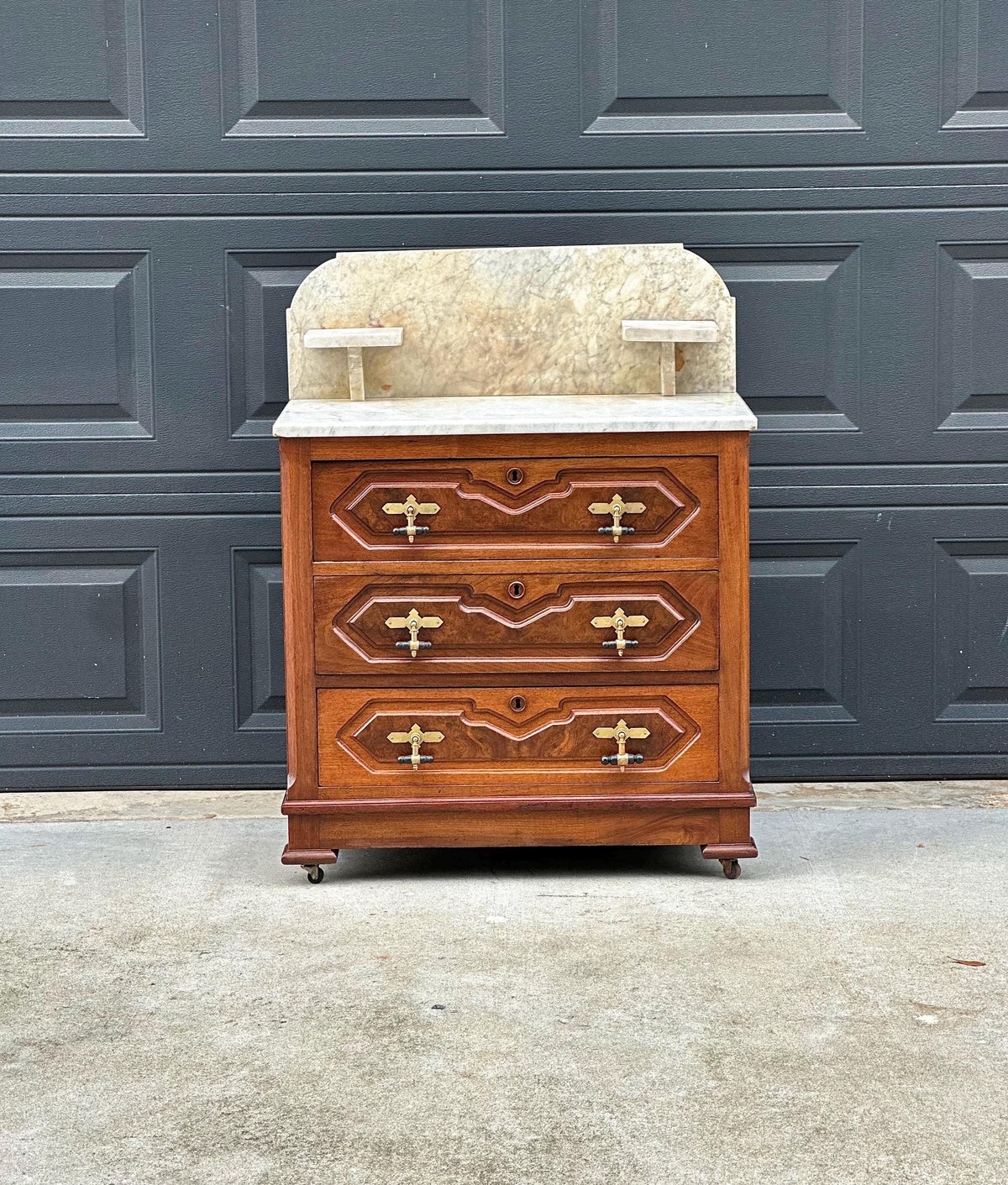 Antique Mid 19th C Bookmatched Burl Walnut Three Drawer Chest with Marble Backsplash & Candle Shelves on Casters 30" Wide
