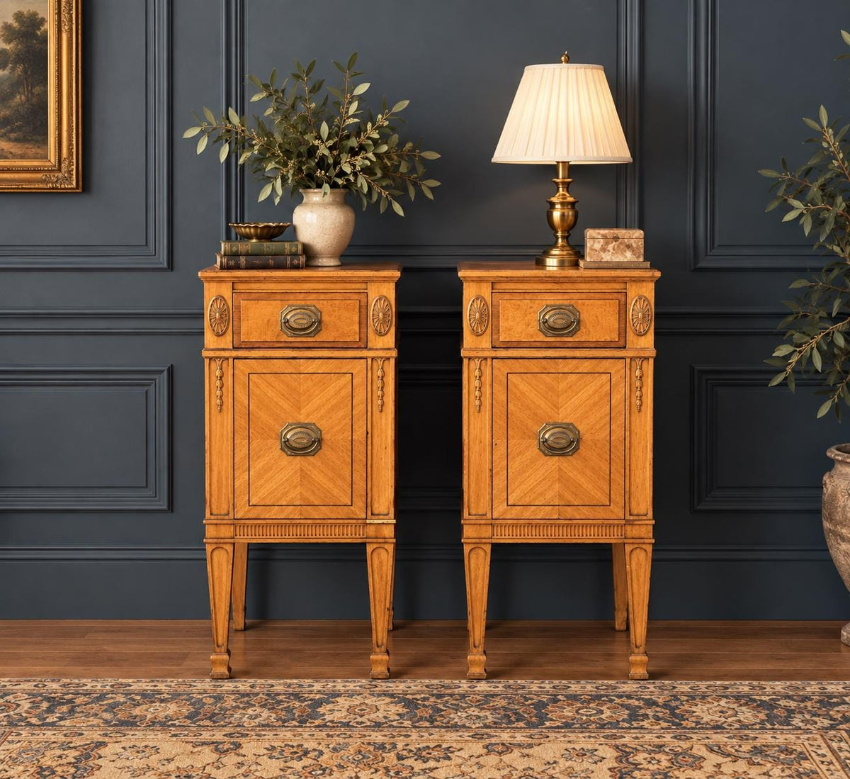 Antique Early 20th C Burl Maple & Mahogany Neoclassical Nightstands 12.5" Wide - a Pair