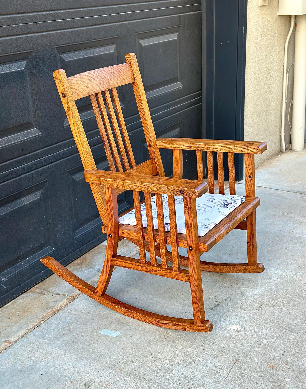 Antique Early 20th C Oak Slat Back Arts & Crafts Upholstered Rocking Chair 24.5" Wide