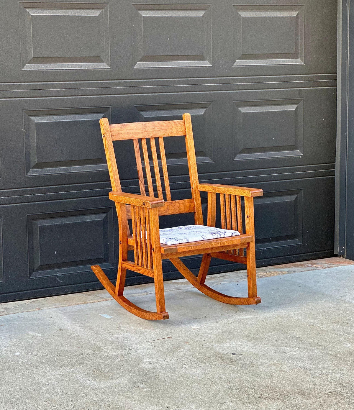 Antique Early 20th C Oak Slat Back Arts & Crafts Upholstered Rocking Chair 24.5" Wide