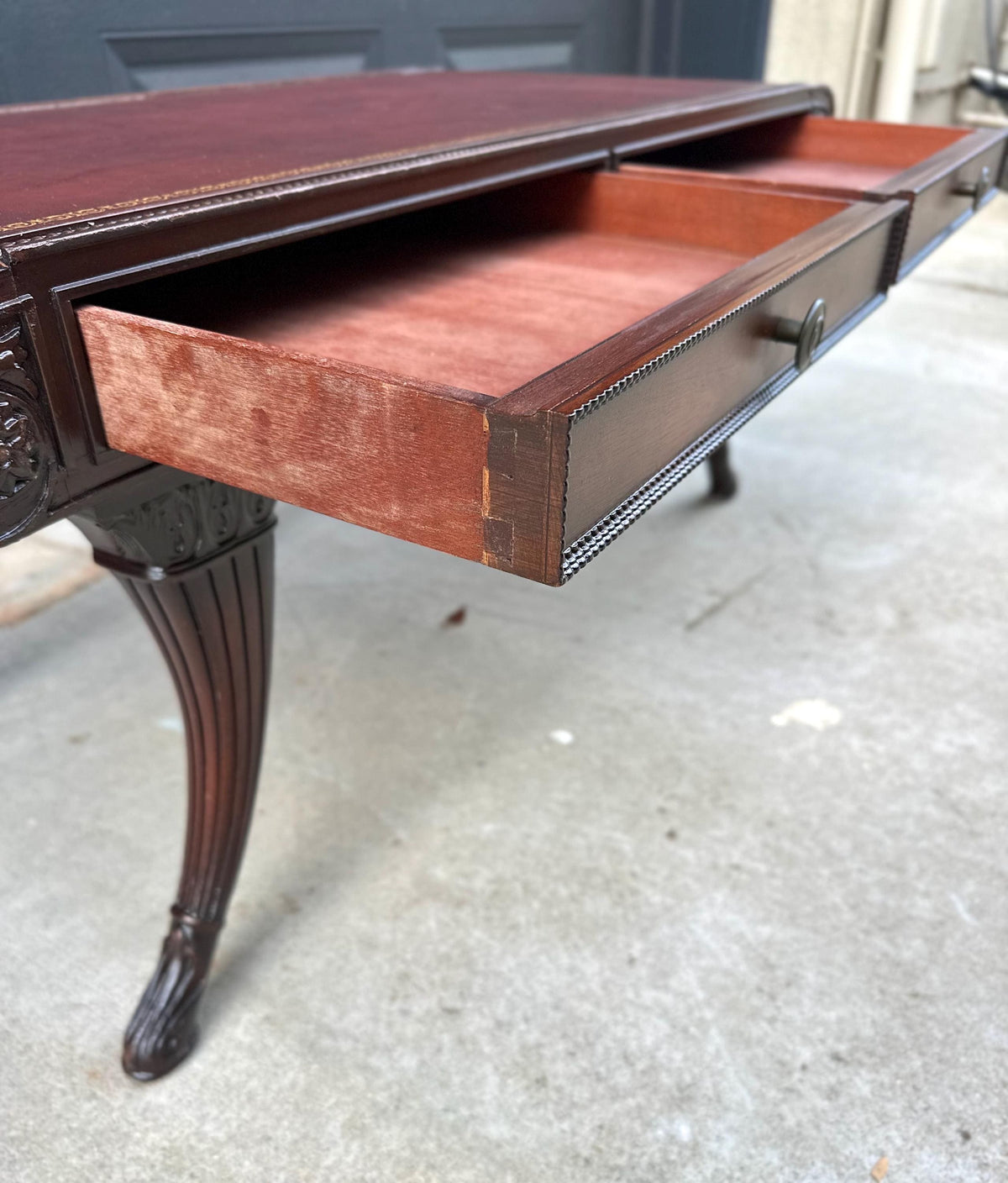 Vintage Mid 20th C Solid Mahogany & Leather Coffee Table with Drawer Storage 37.75" Wide
