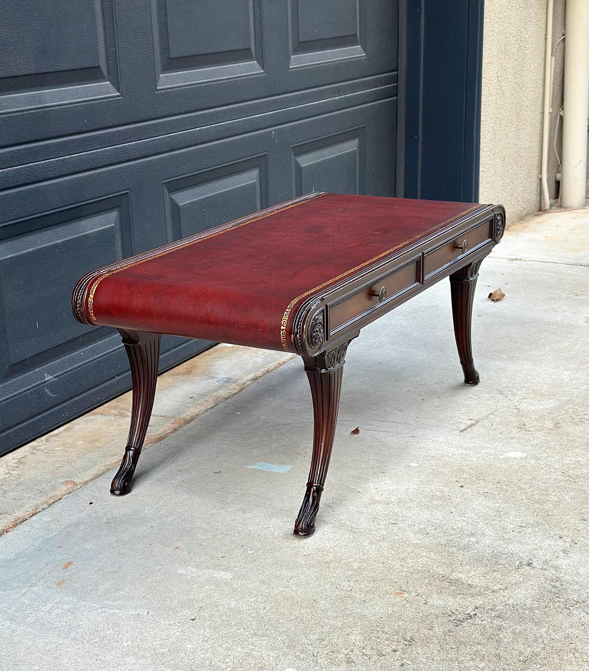 Vintage Mid 20th C Solid Mahogany & Leather Coffee Table with Drawer Storage 37.75" Wide