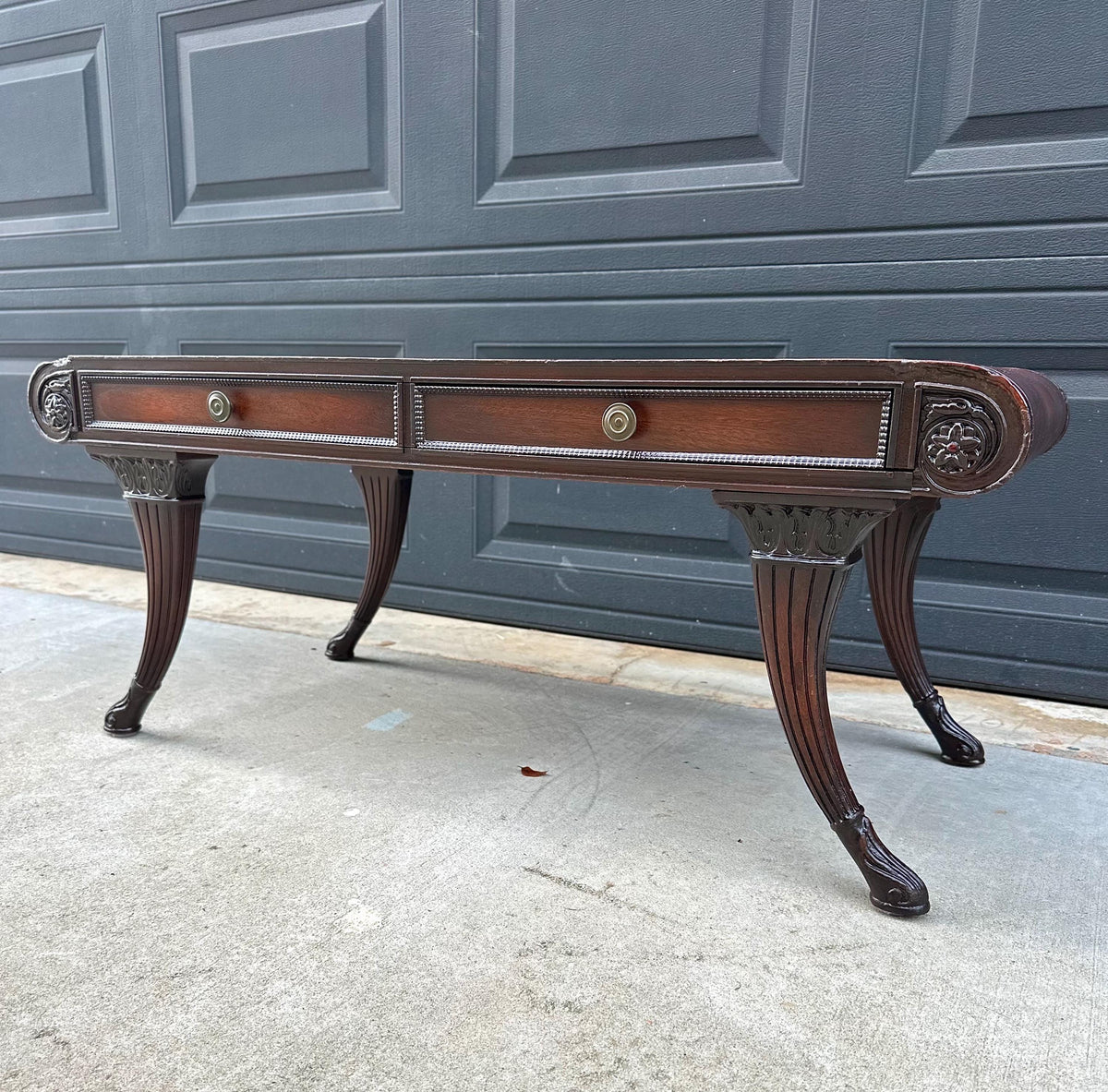 Vintage Mid 20th C Solid Mahogany & Leather Coffee Table with Drawer Storage 37.75" Wide