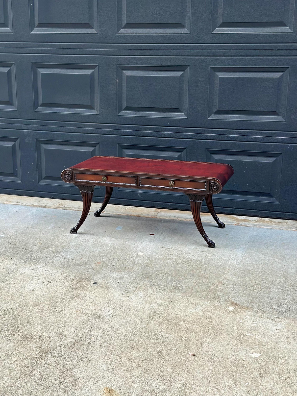 Vintage Mid 20th C Solid Mahogany & Leather Coffee Table with Drawer Storage 37.75" Wide