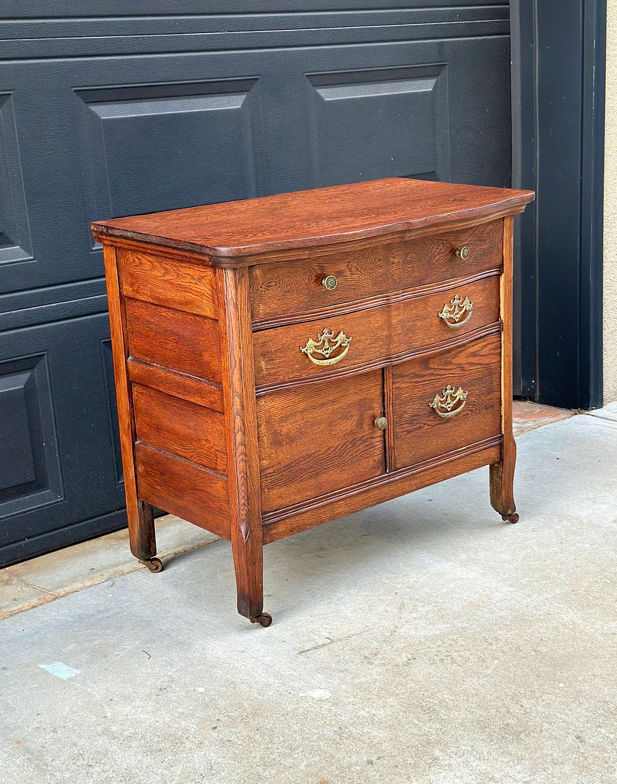 Antique Early 20th C Tiger Oak Chest of Drawers & Cabinet on Casters 32" Wide