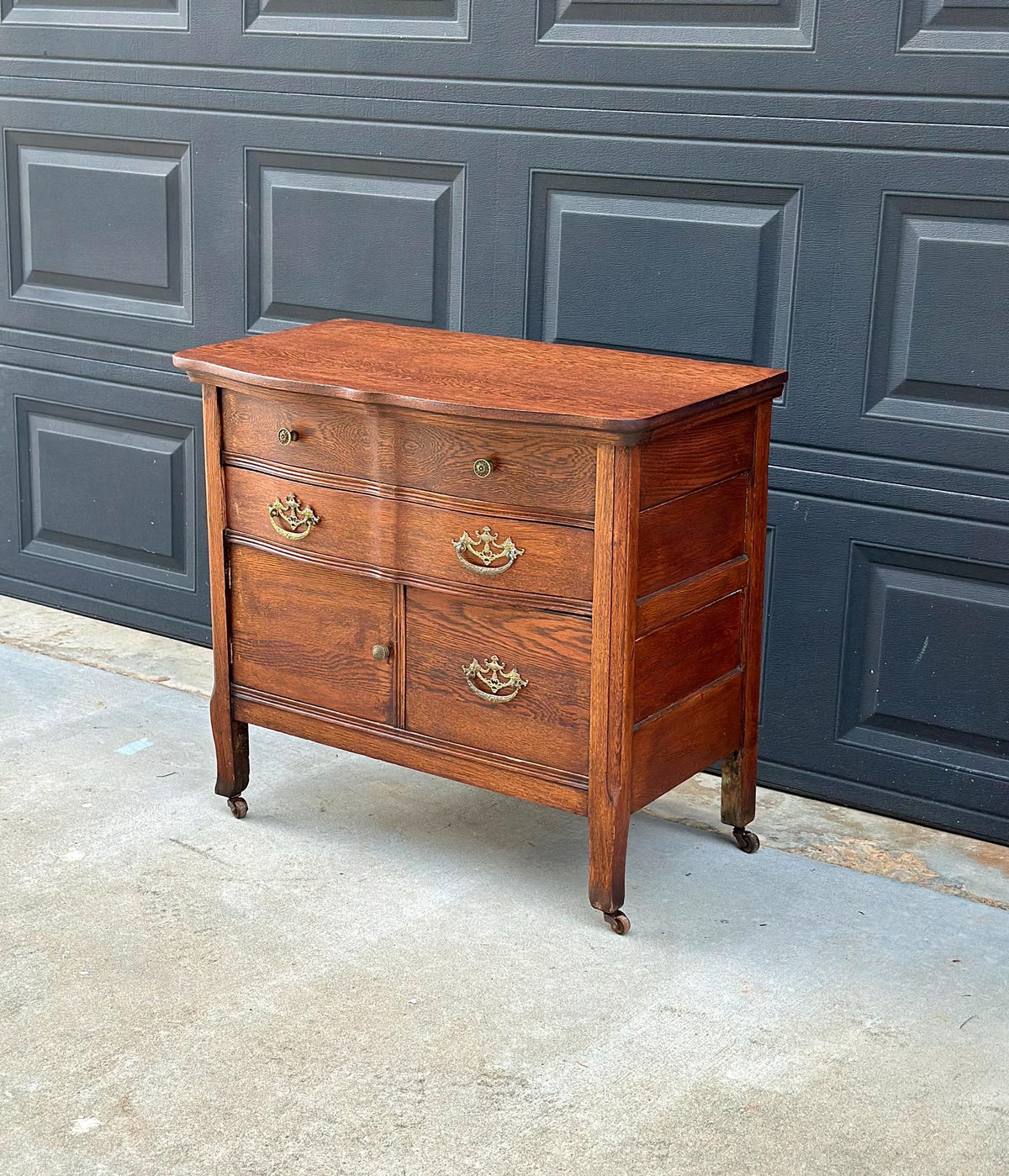 Antique Early 20th C Tiger Oak Chest of Drawers & Cabinet on Casters 32" Wide
