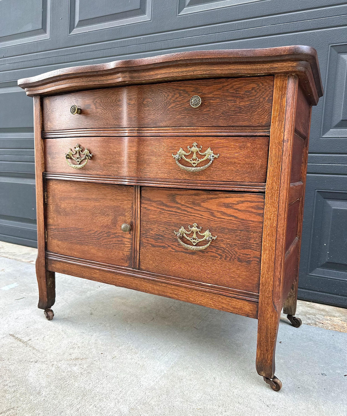 Antique Early 20th C Tiger Oak Chest of Drawers & Cabinet on Casters 32" Wide