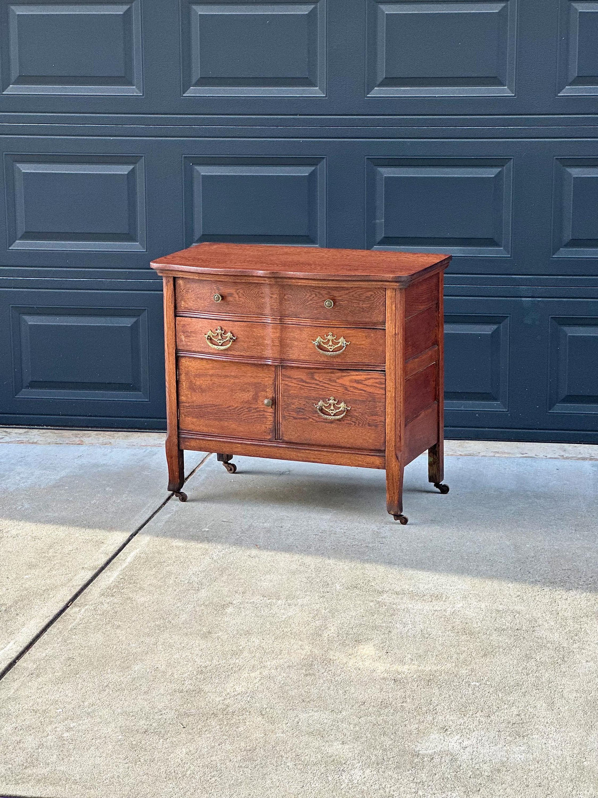 Antique Early 20th C Tiger Oak Chest of Drawers & Cabinet on Casters 32" Wide