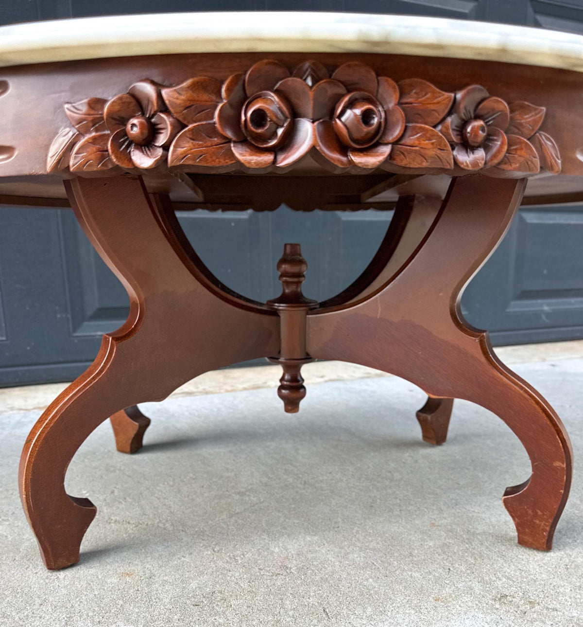 Antique Early 20th C Eastlake Mahogany Coffee Table with White Marble Top 34" Wide
