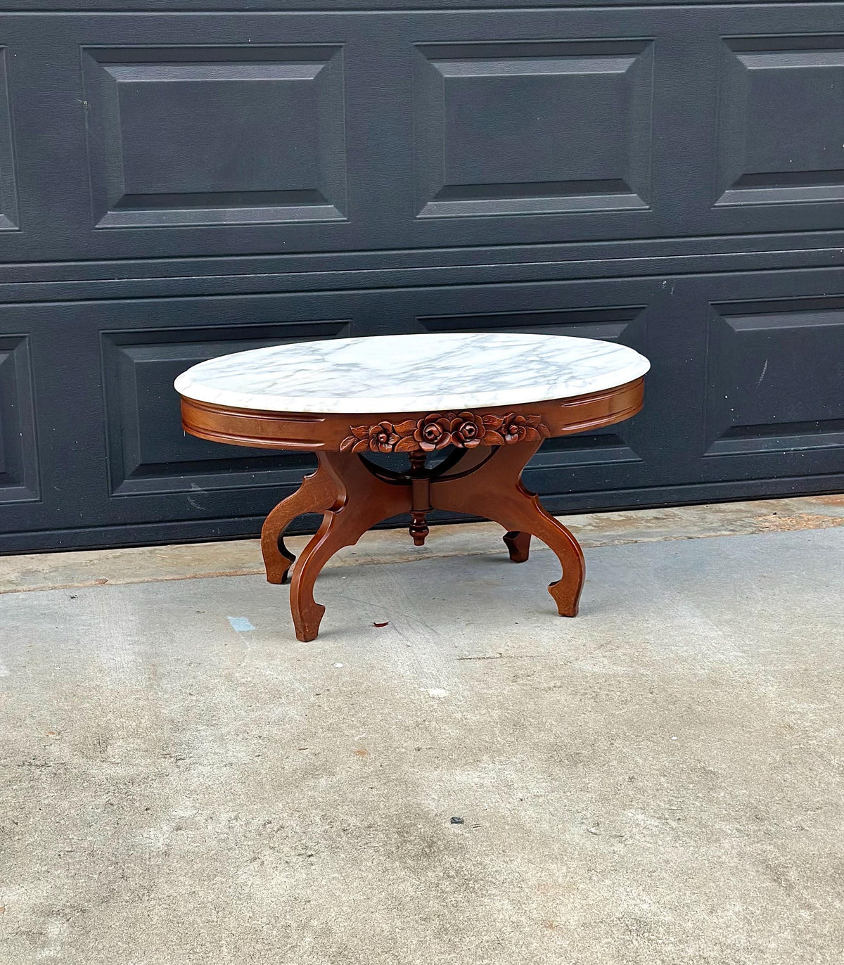Antique Early 20th C Eastlake Mahogany Coffee Table with White Marble Top 34" Wide