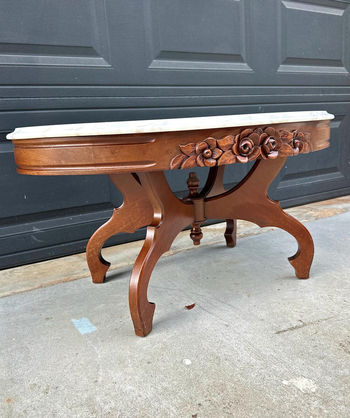 Antique Early 20th C Eastlake Mahogany Coffee Table with White Marble Top 34" Wide